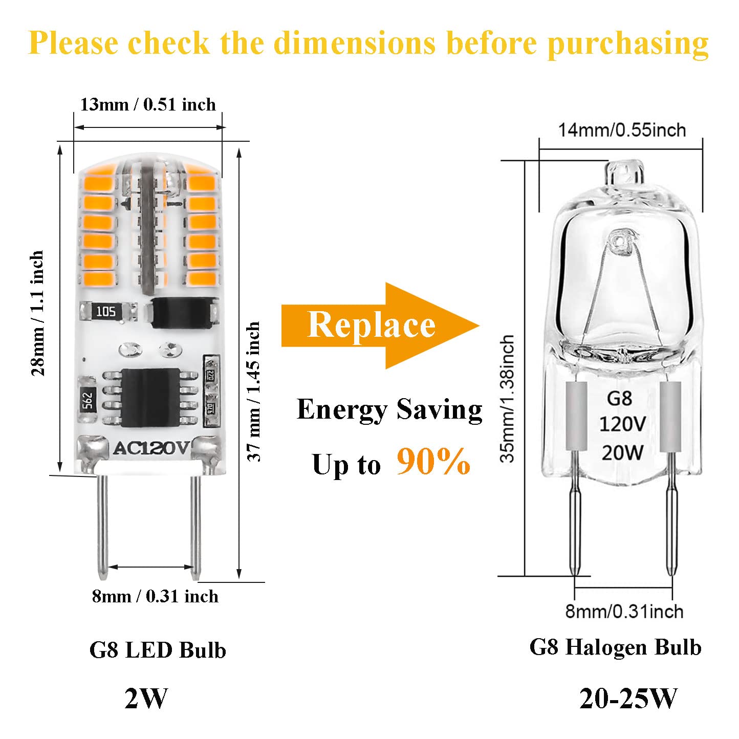 KAPATA Dimmable G8 LED Bulb 2W Warm White 10 Pack Bi-Pin Base T4 JCD Type for Under Cabinet Lighting