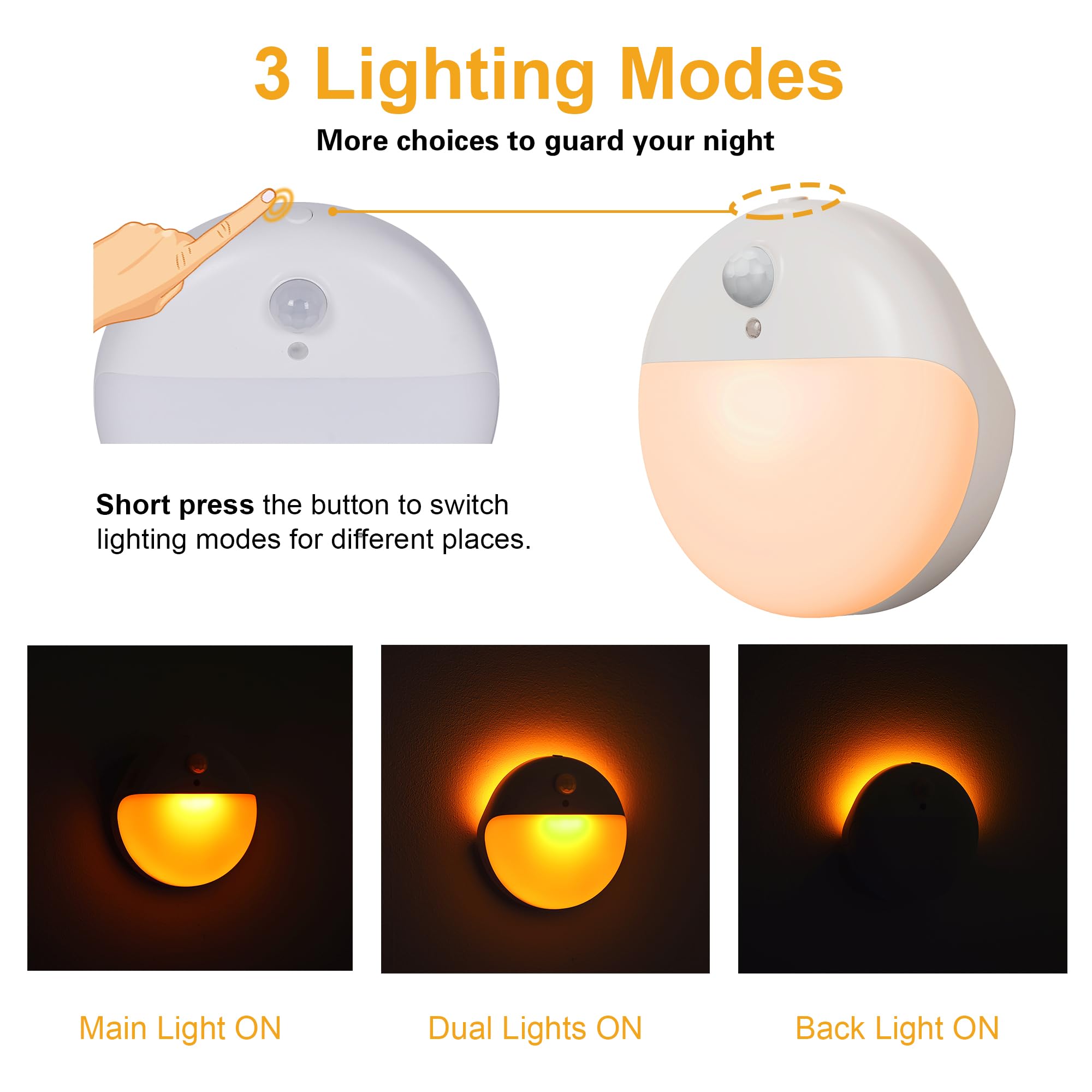 YUNLEX 2 Pack Amber Stair Lights, Motion Sensor, Dimmable, Portable Battery Night Light for Kids & Home, Model NLS26
