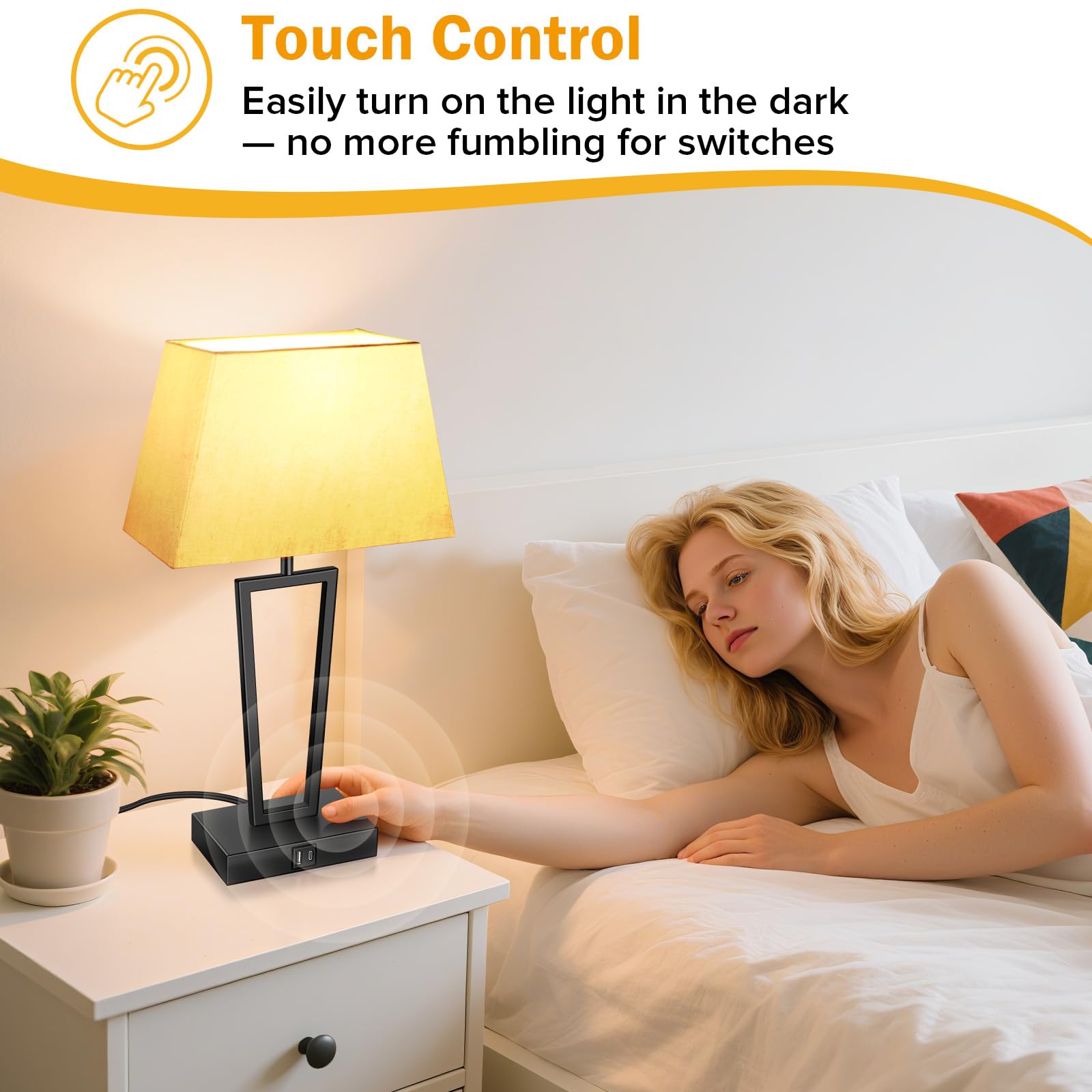 LEDIKON Touch Bedside Lamps Set of 2, 3-Way Dimmable Table Lamps with USB-C & USB-A Ports and LED Bulbs, Modern Black Nightstand