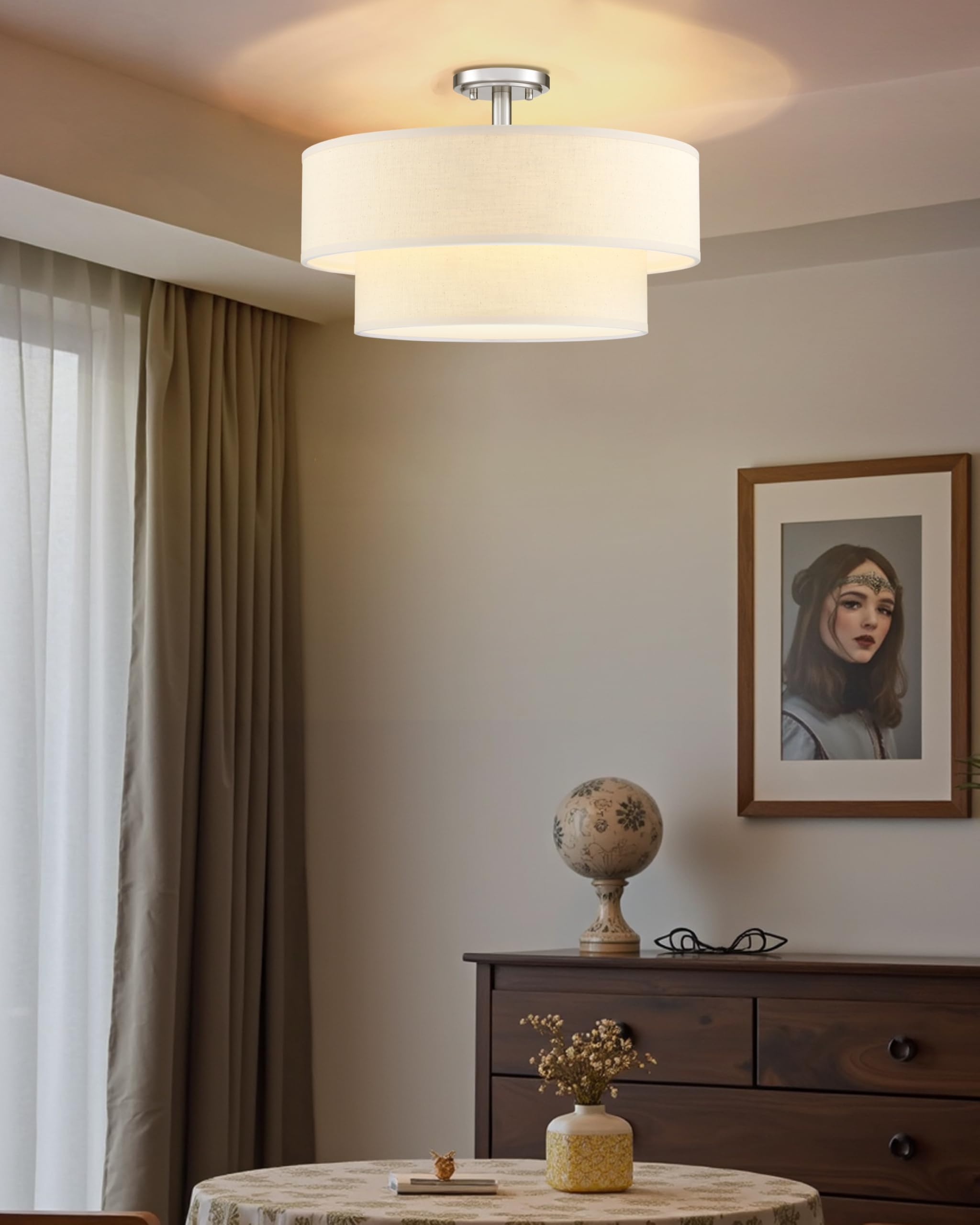 Dolaimi House 4 Light Semi Flush Mount,Close To Ceiling Light Fixture,Linen Fabric Shade Brushed Nickel Finish 20 Inch Semi Flus