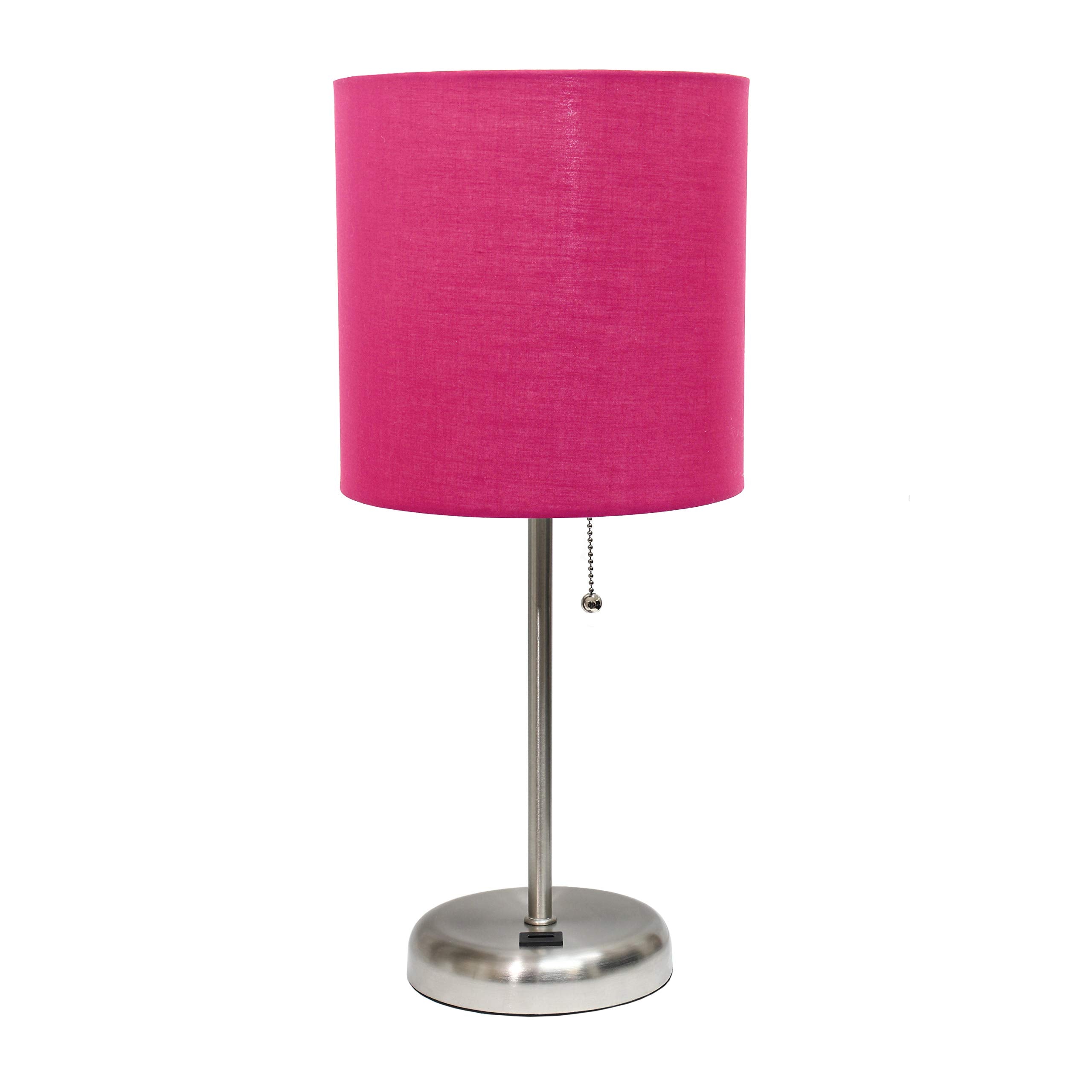 Simple Designs Lt2044-Pnk Brushed Steel Stick Table Desk Lamp With Usb Charging Port And Drum Fabric Shade, Pink Shade