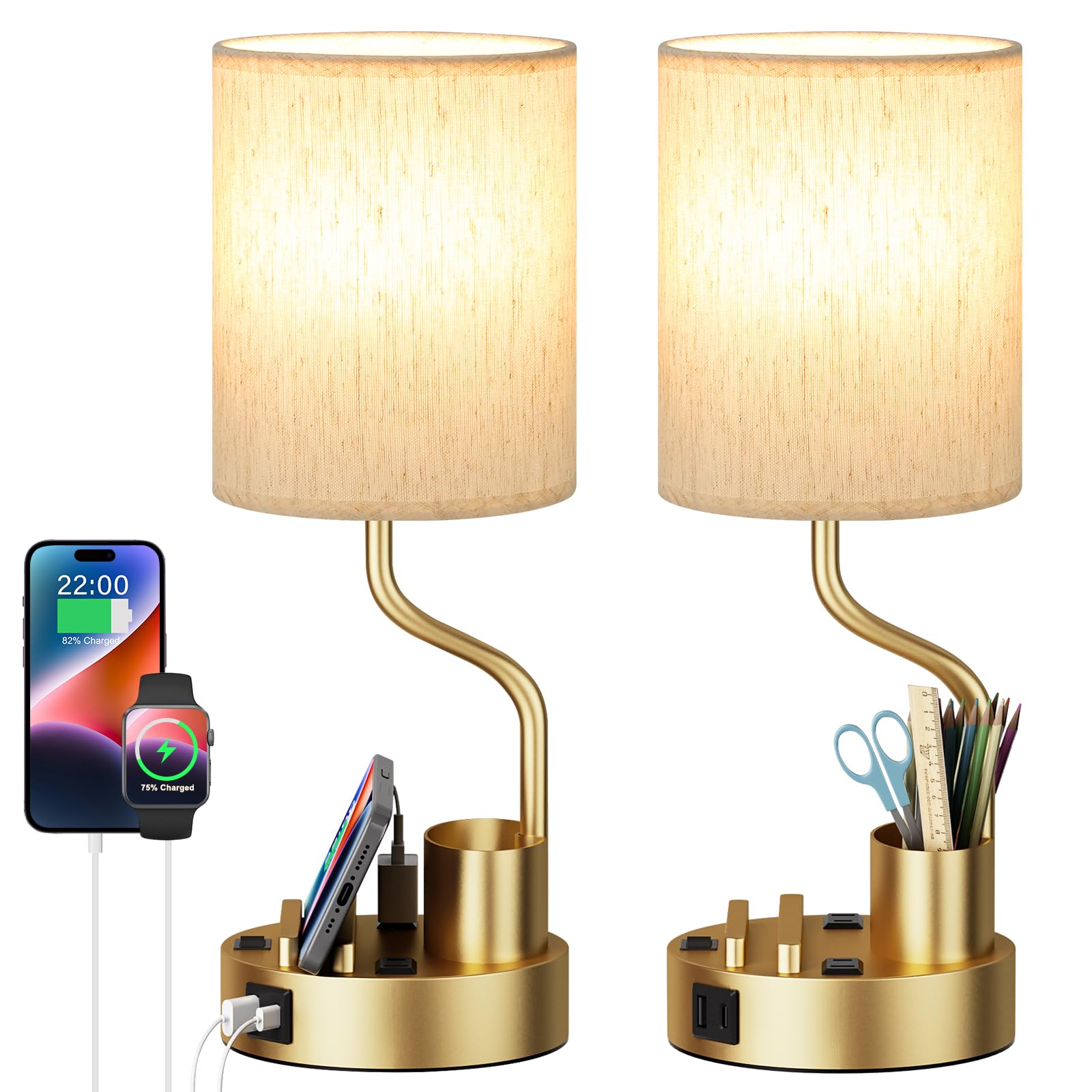 Fenmzee Gold Bedside Table Lamps Set of 2 - Nightstand Light with USB & AC Outlet, 3 Color Temperatures, Cream & Gold