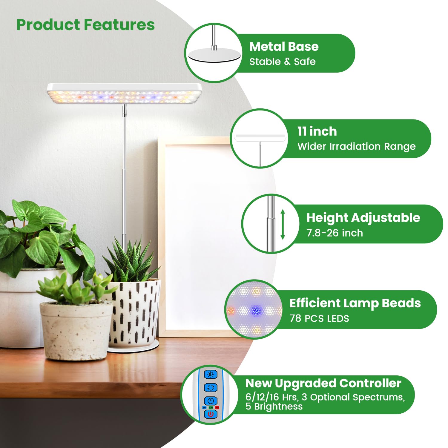 Wiaxulay 78 LEDs Plant Grow Light, Full Spectrum, Adjustable Height, 2 Pack, White, Auto Timer, 3 Modes, 5 Dimmable Levels, Model BL-J10