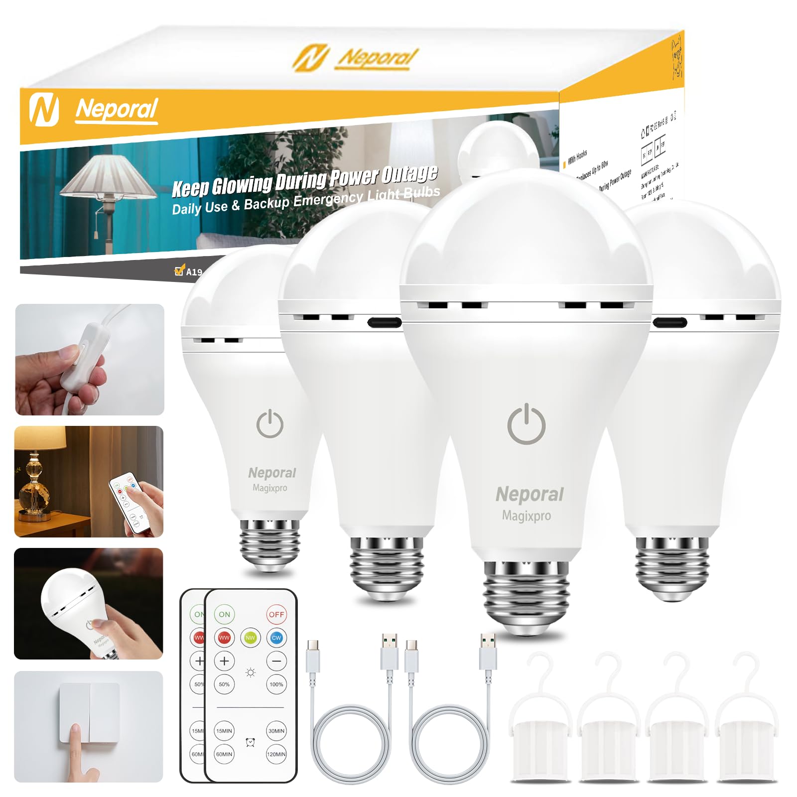 Neporal MagixPro Remote Rechargeable LED Bulbs, Dimmable, 1800mAh Battery, 3000-6000K, Model QP-15W, 4-Pack