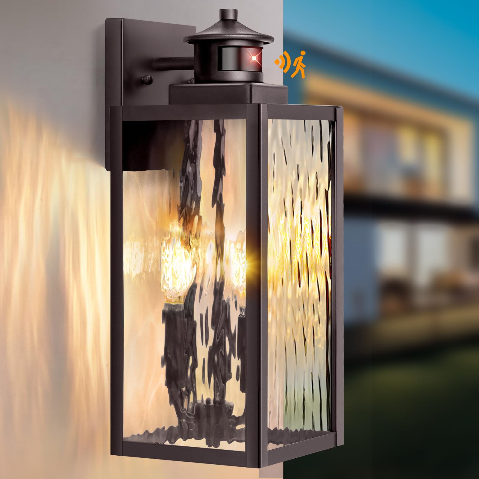 3-Light Motion Sensor Outdoor Wall Light, Waterproof Exterior Wall Sconce Light Fixture with Water-Rippled Glass, Dusk to Dawn B