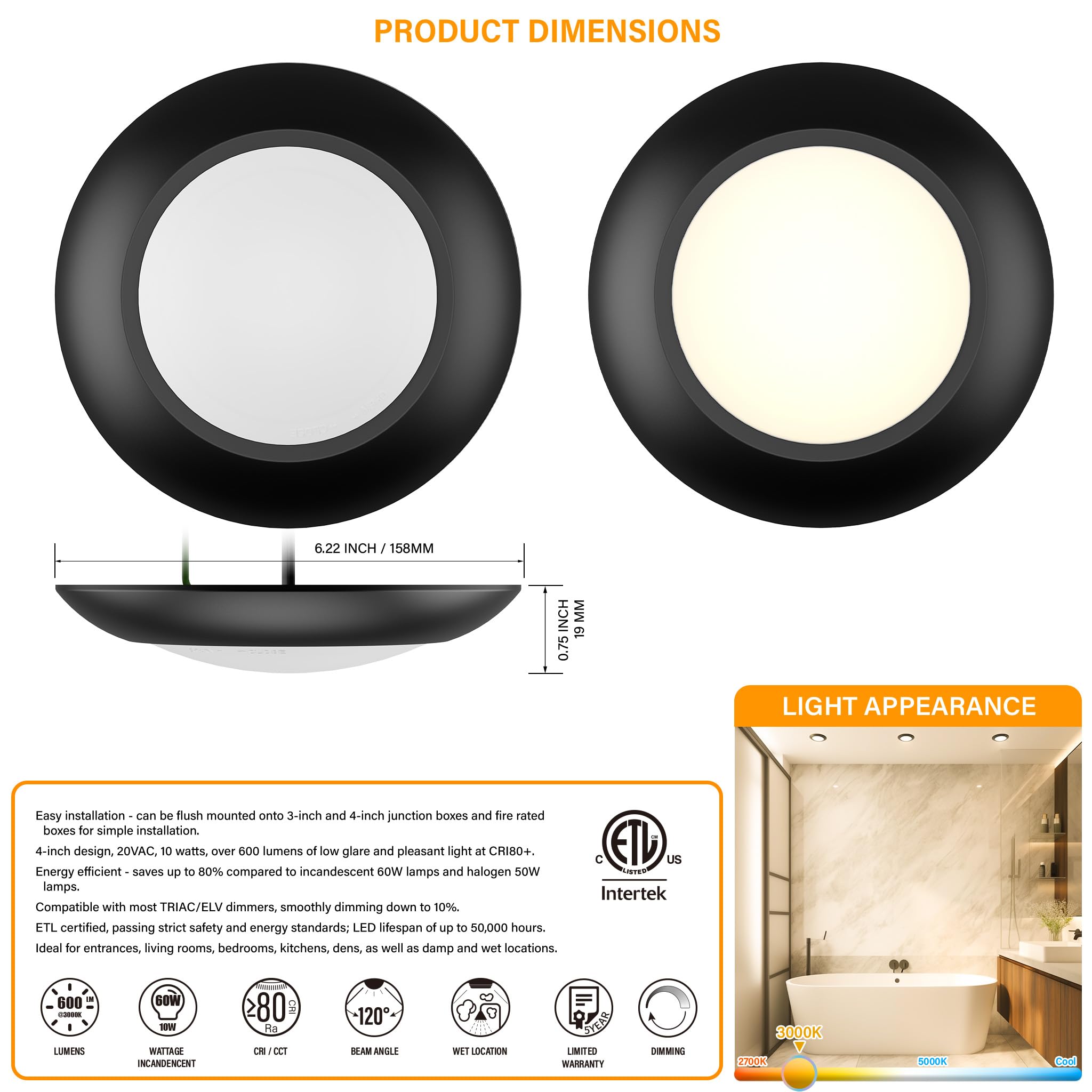Jullison 10 Packs 4 Inch Black Led Low Profile Recessed & Surface Mount Disk Light, Round, 10W, 600 Lumens, 3000K Warm White, Cri80, Dob Design, Dimmable, Etl Listed