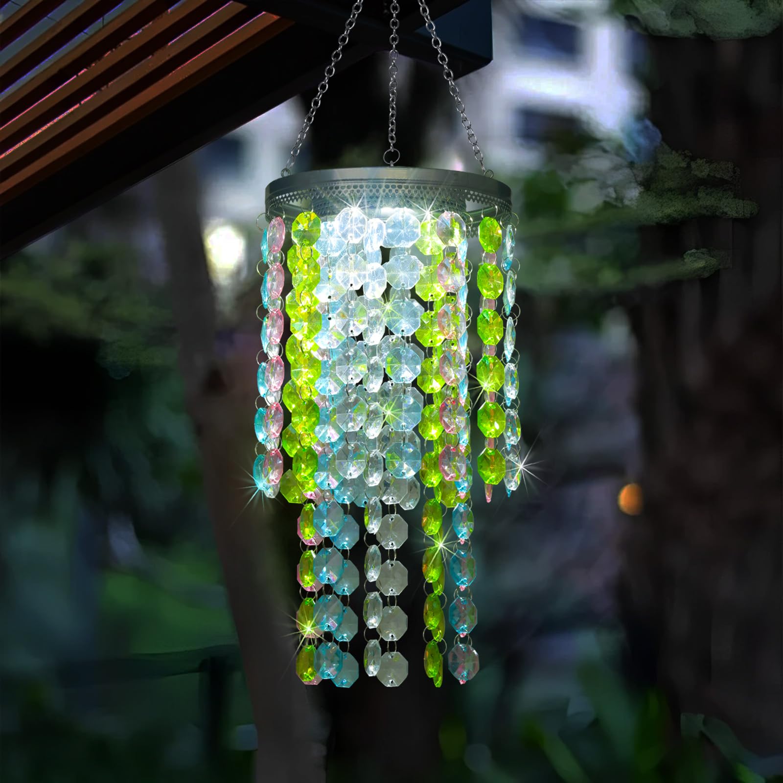 Hanging Solar Crystal Chandelier Outdoor, 21    Modern Solar Multicolor Acrylic Beaded Lantern With Cool White Led S Hooks For G