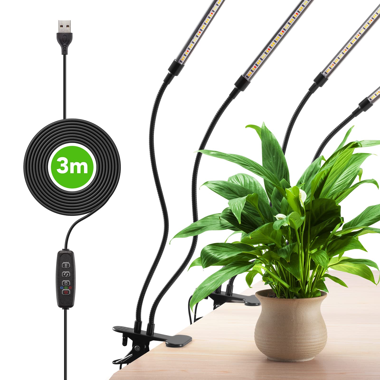 Growstar Plant Lights For Indoor Growing, Full Spectrum 4 Heads Clip Grow Lamps With 10 Feet Cables For Houseplants, Auto On Off