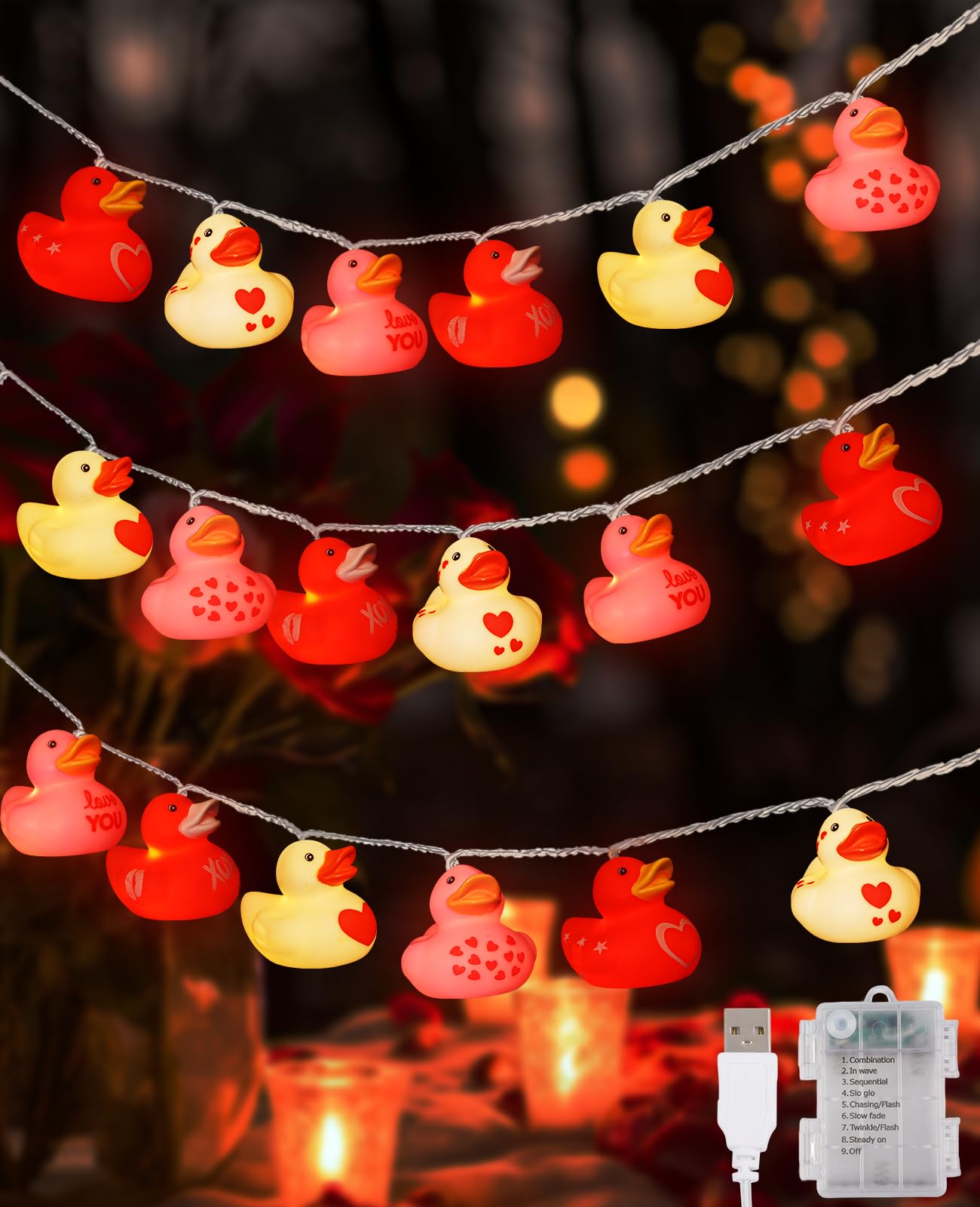 AceList Heart Rubber Ducks String Lights, 20 LED Love Rubber Duck Can Squeezable and Sound-Enabled, Valentines Day Decor for Kid