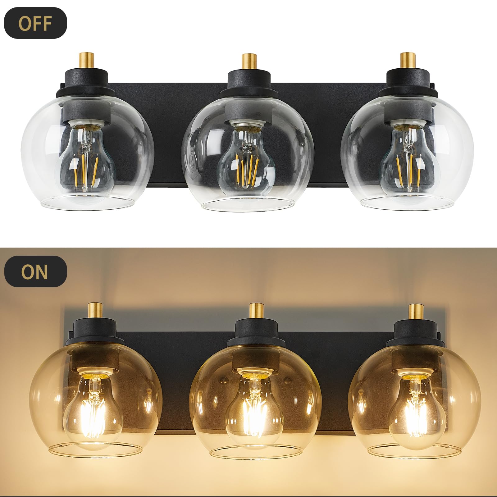 Tuscarora 3 Light Bathroom Vanity Light, Black And Gold Bathroom Light Fixtures Over Mirror, Modern Vanity Light With Clear Glass Shade, Black Wall Sconce For Bathroom, Bedroom