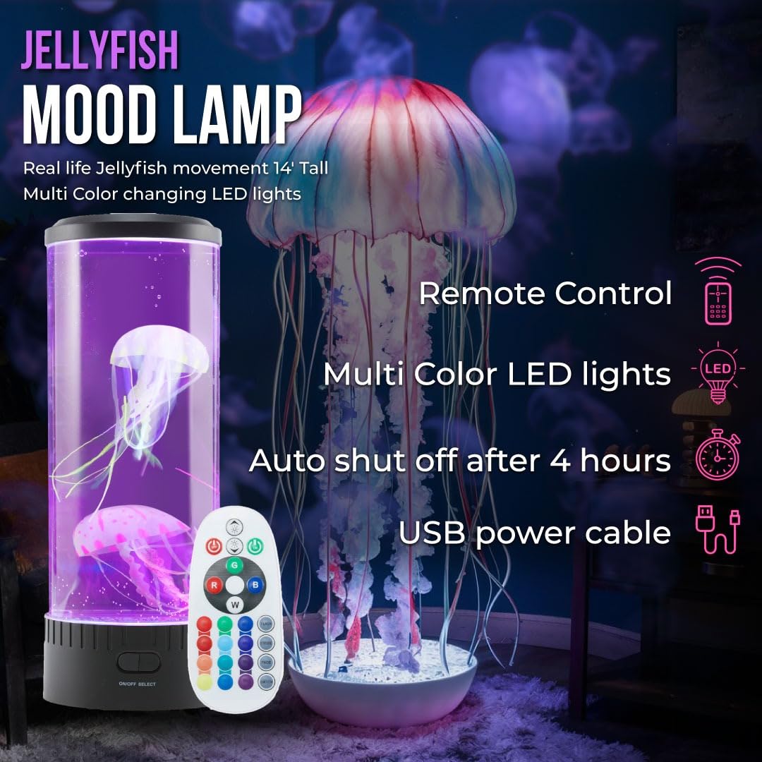 Wireless Express Jellyfish Mood Lamp - 14 Inch, LED Lights, Multicolor, Model JELLYFISH14, Remote Control, Auto Shut Off