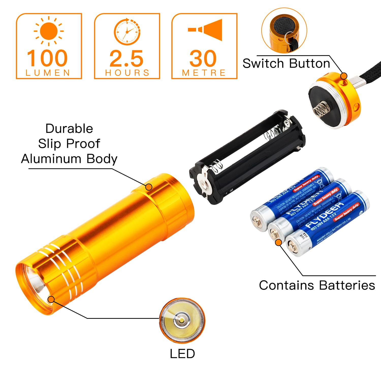 KunHe Mini LED Flashlight 12 Pack with Lanyard, 3AAA Battery Included, Assorted Colors, Model 1W-12