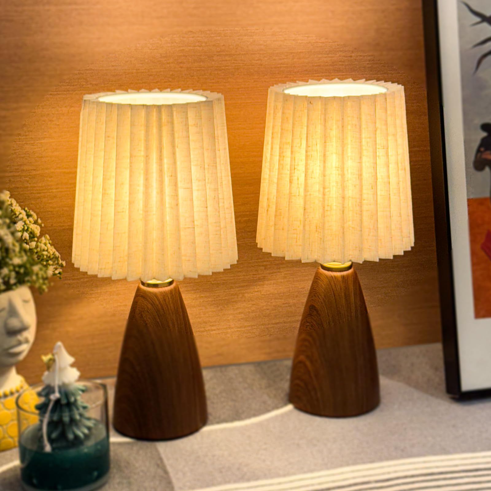 nomoluke Small Pleated Table Lamp Set of 2, Dimmable Mini Bedside Lamps, Standard Size, Ceramic Shade