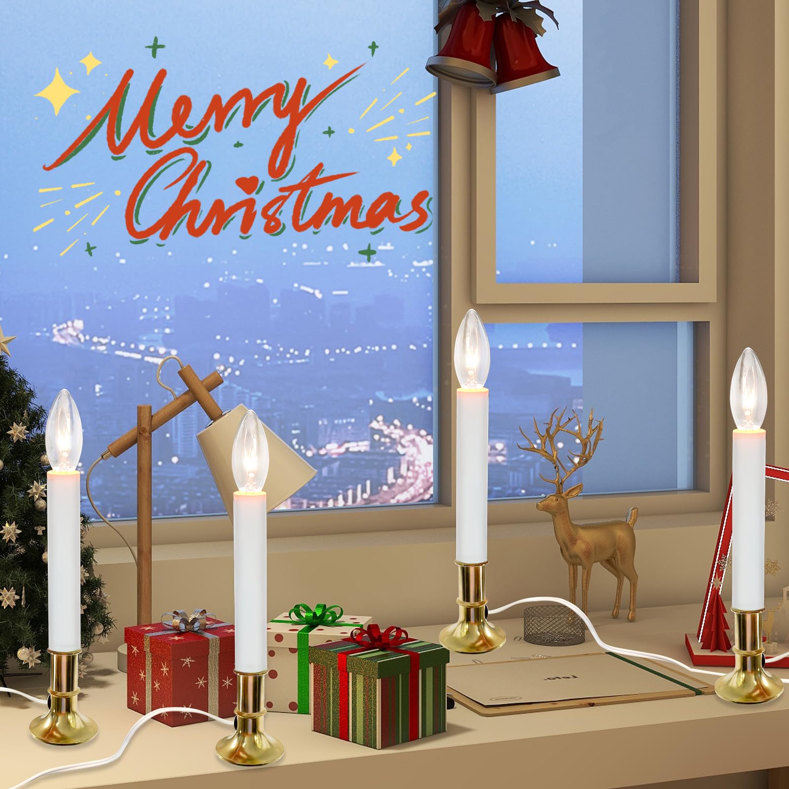 4 Pack Christmas Electric Window Candle Lights With Gold Base, Dusk To Dawn Candle Lamps With 7W E12 Base Incandescent Bulbs Plug In Candle Lights For Window Lights Decor Party Xmas Table Top