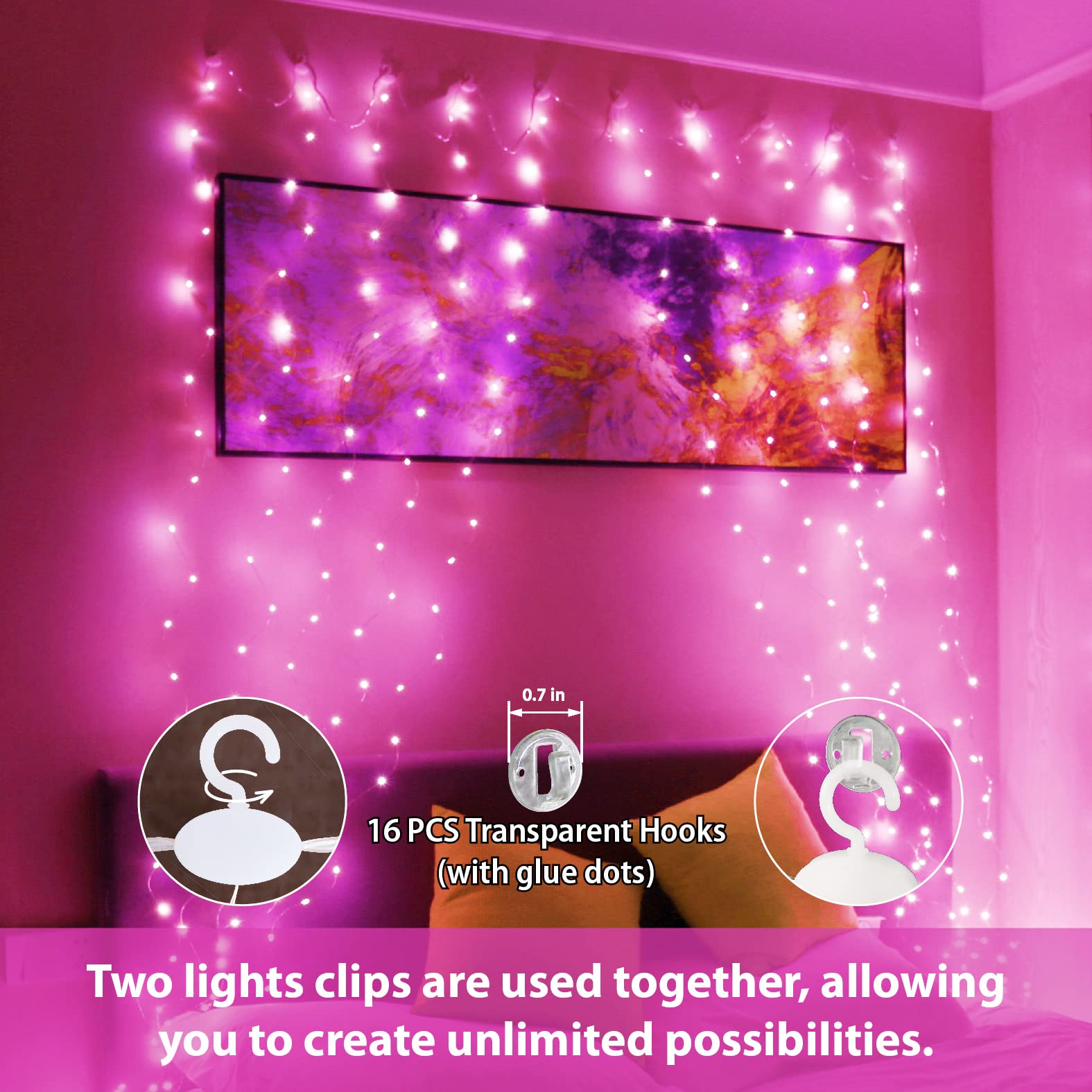 HXWEIYE Fairy Curtain Lights, 300LED, Pink, USB Plug, 9.8x9.8Ft, 8 Modes, Timer, Model HY100150-300, Suitable