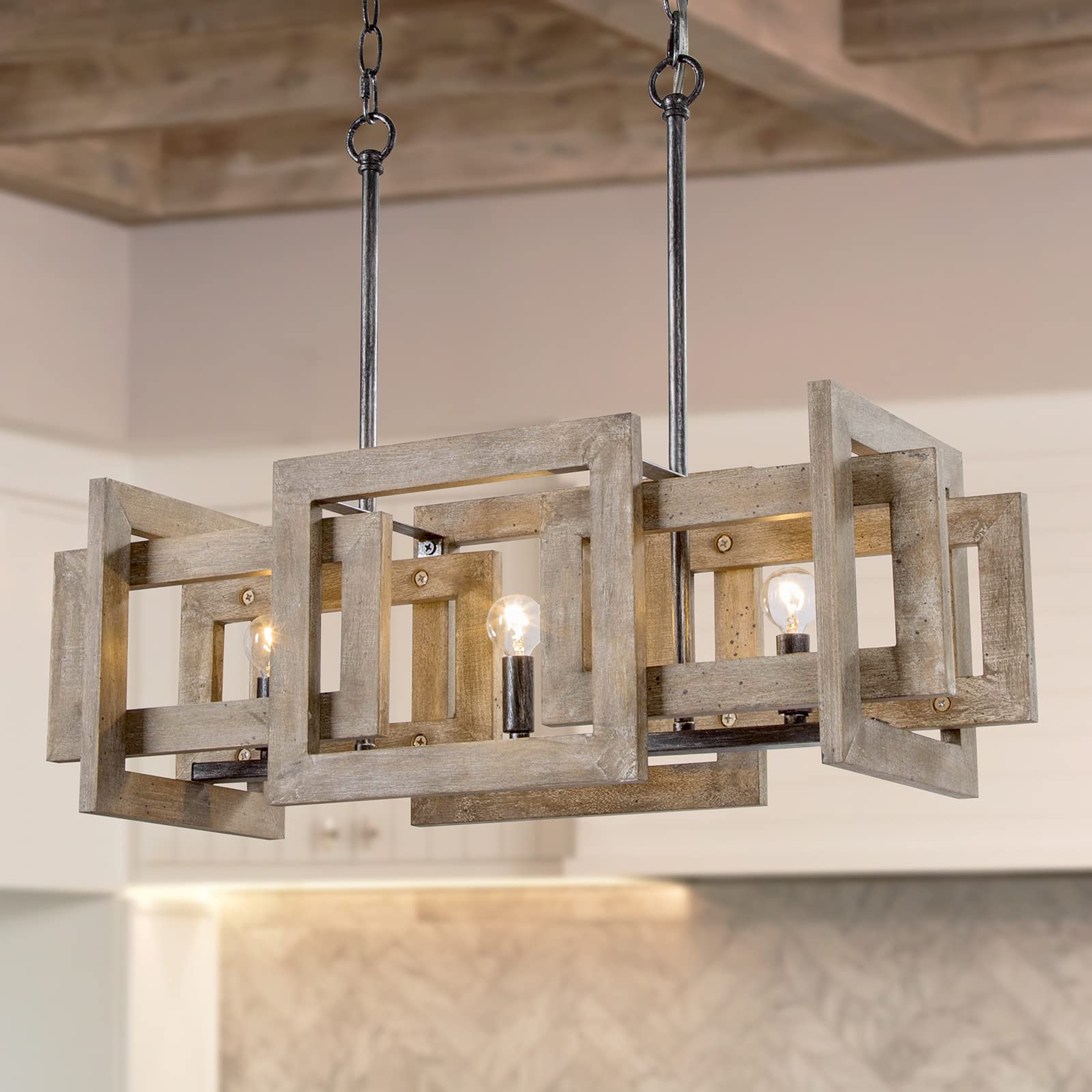 LOG BARN Farmhouse Chandelier, 3-Light Handmade Wood Dining Room Chandelier, 22 Rectangular Kitchen Island Lighting