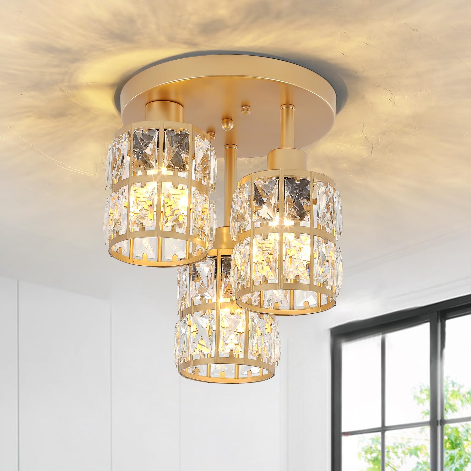 Puzhi Home Elegant Crystal Semi Flush Mount Ceiling Light, Modern 3-Light Chandelier For Dining, Kitchen, Living & Bedroom - Gol