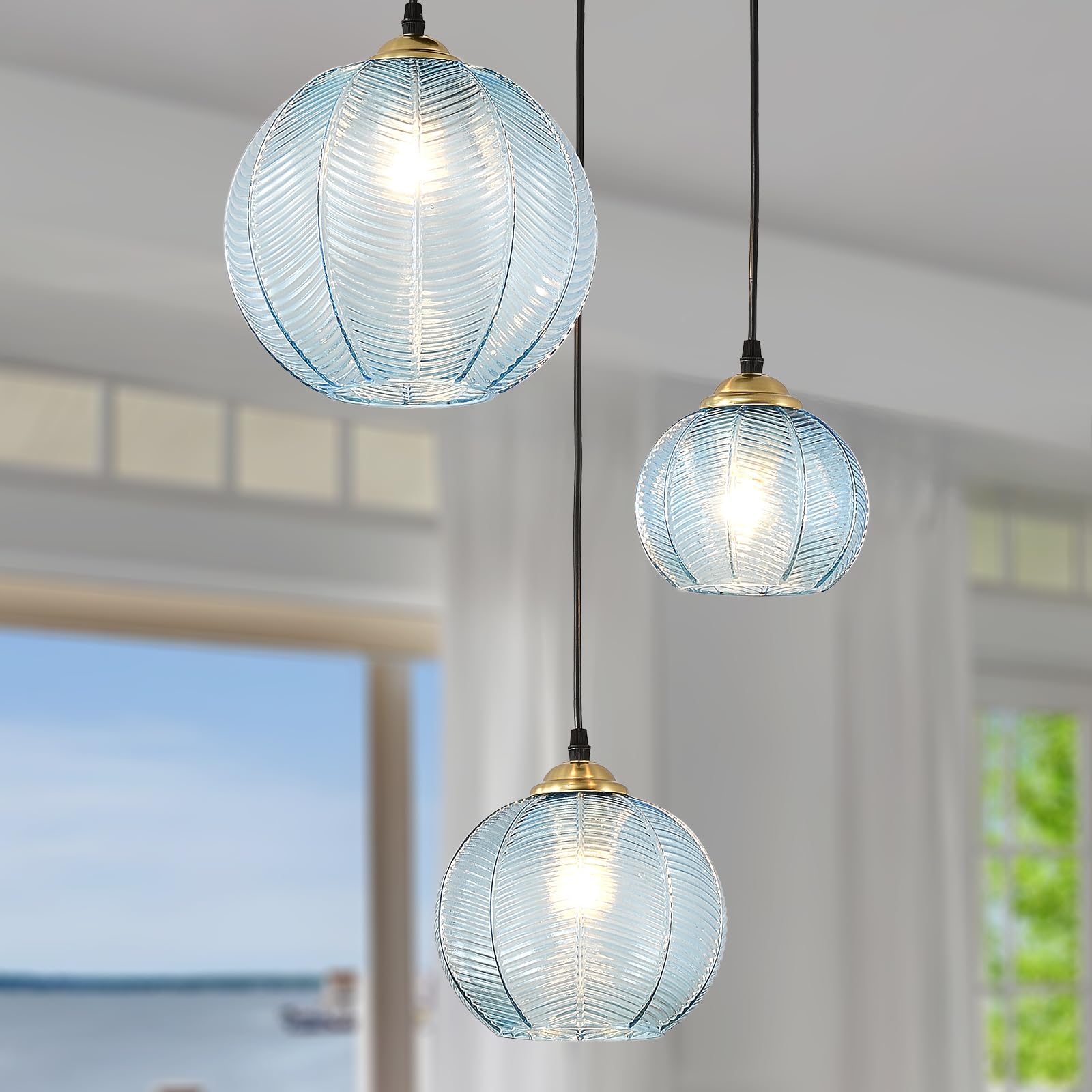 TESTOYS 3-Light Blue Glass Pendant Light, Globe Shade Hanging Chandelier, Hand Blown Glass Ball Pendant Light Fixtures for Kitch