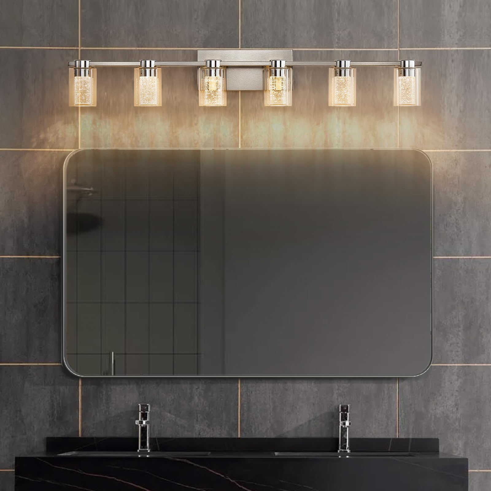 Zhizenl Bathroom Light Fixtures, 6 Light Brushed Nickel Vanity Lights, Dimmable Led Bathroom Vanity Light Over Mirror, Modern Crystal Vanity Lights For Bathroom Bedroom Hallway (Cool/Neutral/Warm)
