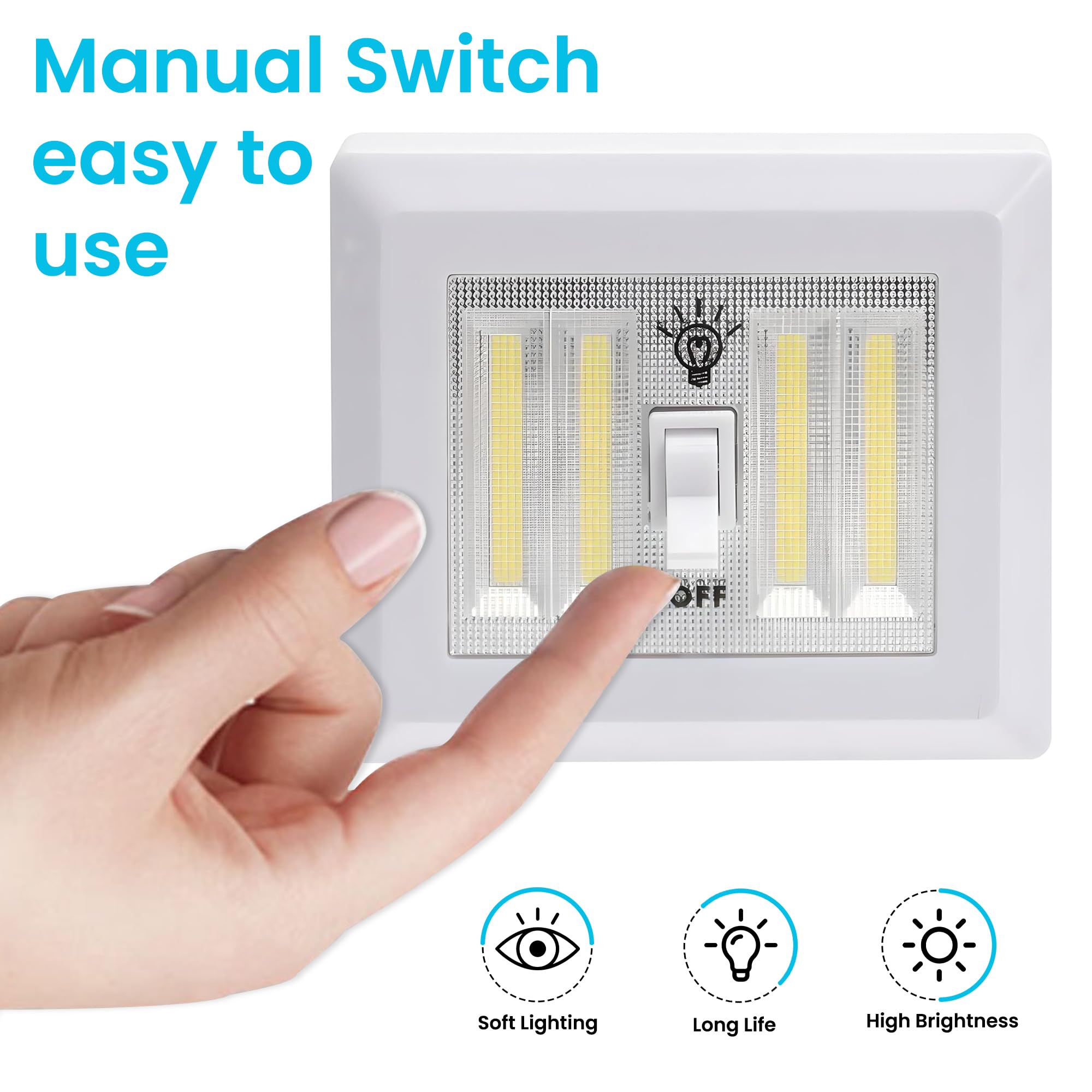 AlltroLite LED Closet Light Switch - 400 Lumen Wireless COB Night Light, XL White, Battery Powered, Model 08-1714, Stick-On Magnetic Design
