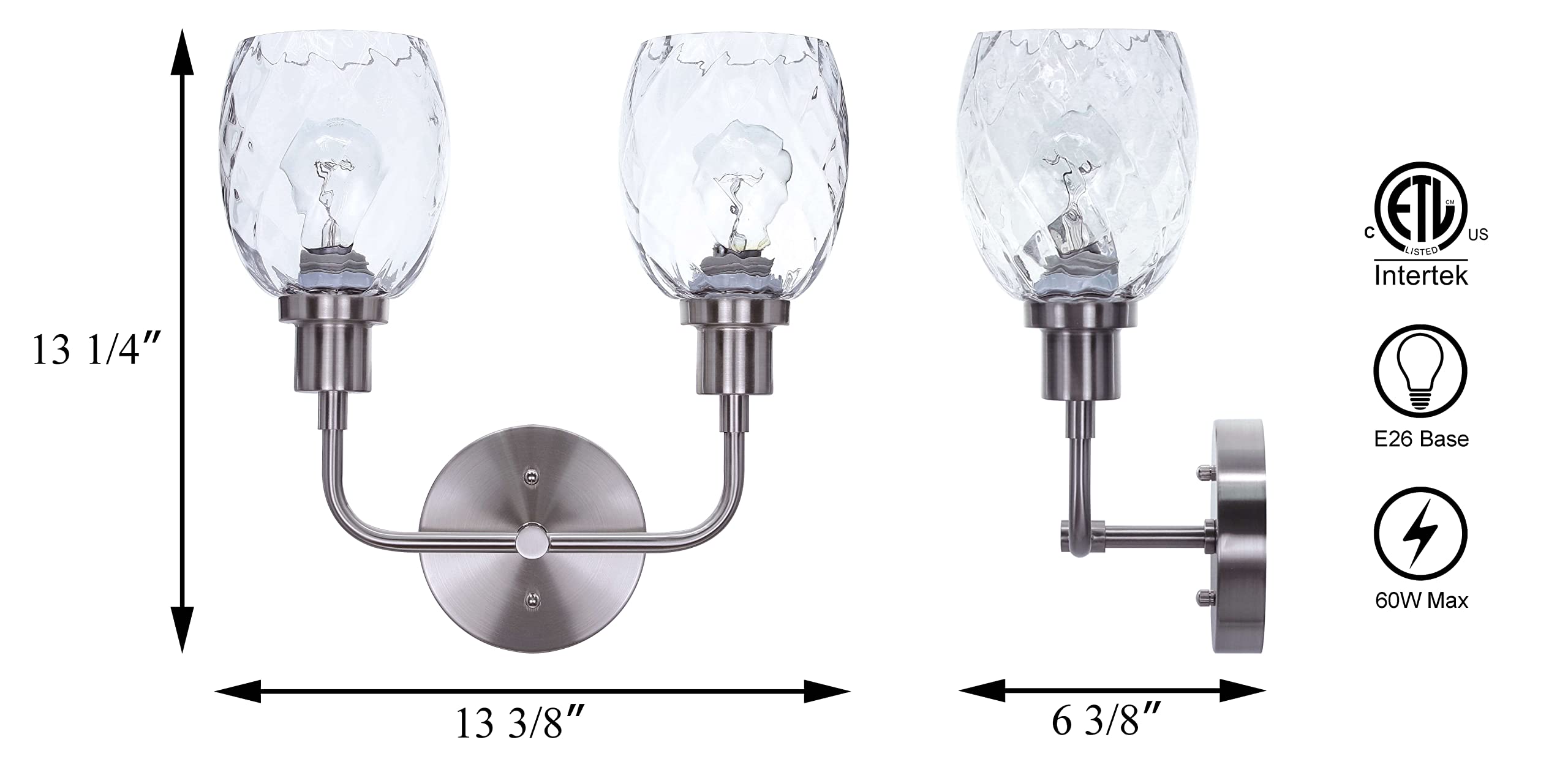 Xinbei Lighting Sconces Wall Lighting, 2 Light Bathroom Vanity Wall Light With Clear Glass, Brushed Nickle Finish Xb-W1210-2-Bn