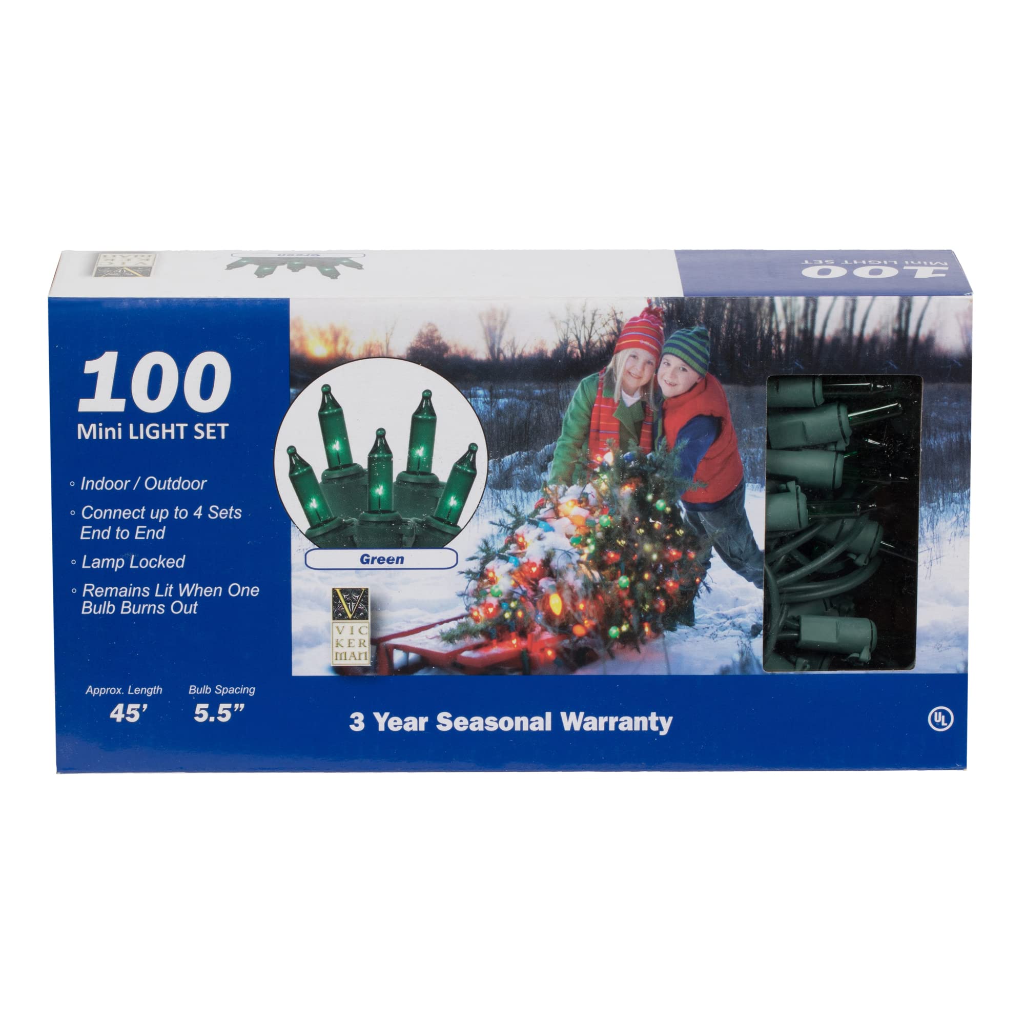 Vickerman 100 Lights Green Green Wire End Connecting Lock Set with 4-Inch Spacing and 33-Feet Length, Comes in Box