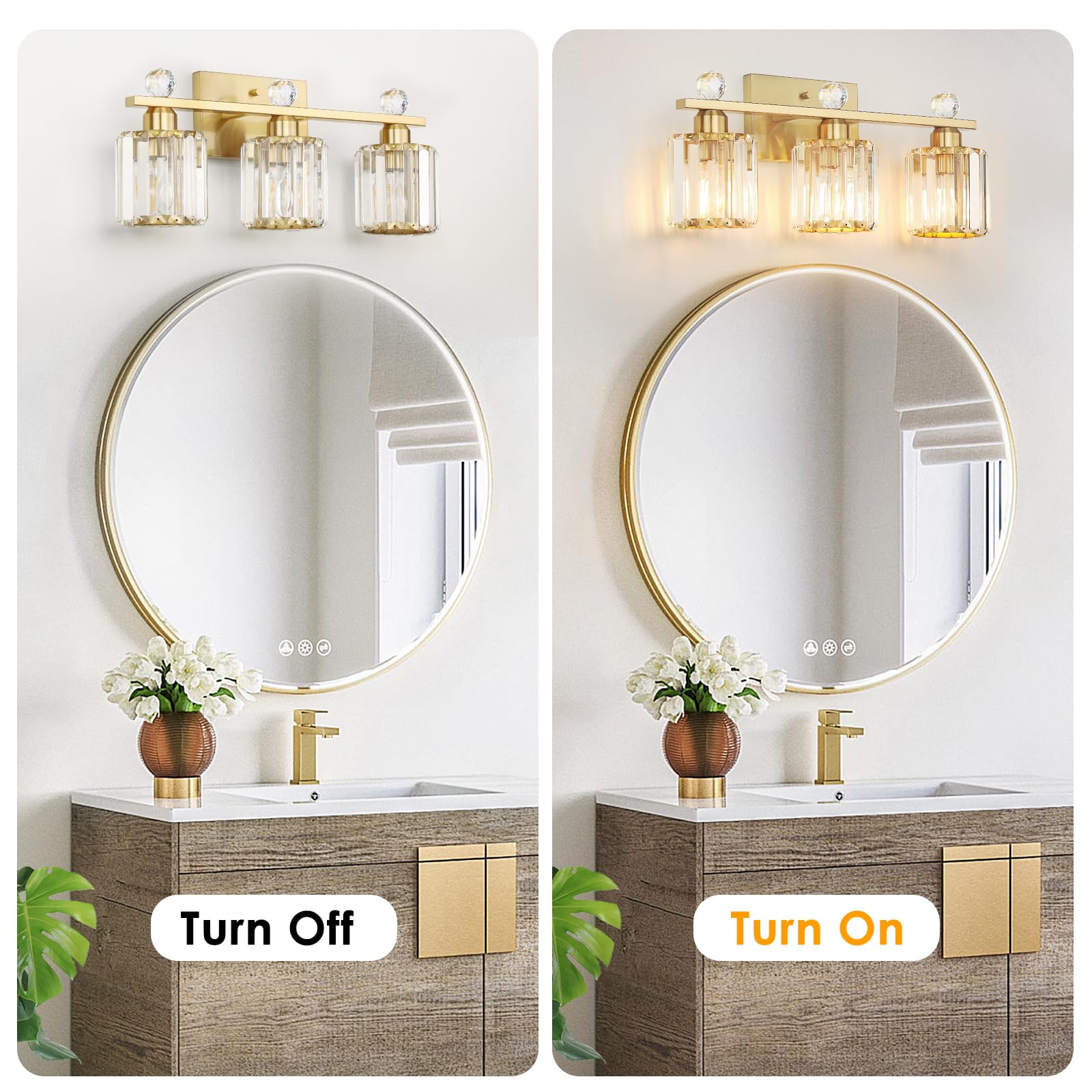 KunruiTAI 3-Light Gold Bathroom Vanity Light Fixture, K9 Crystal & Stainless Steel Wall Sconce for Mirror, Modern Design