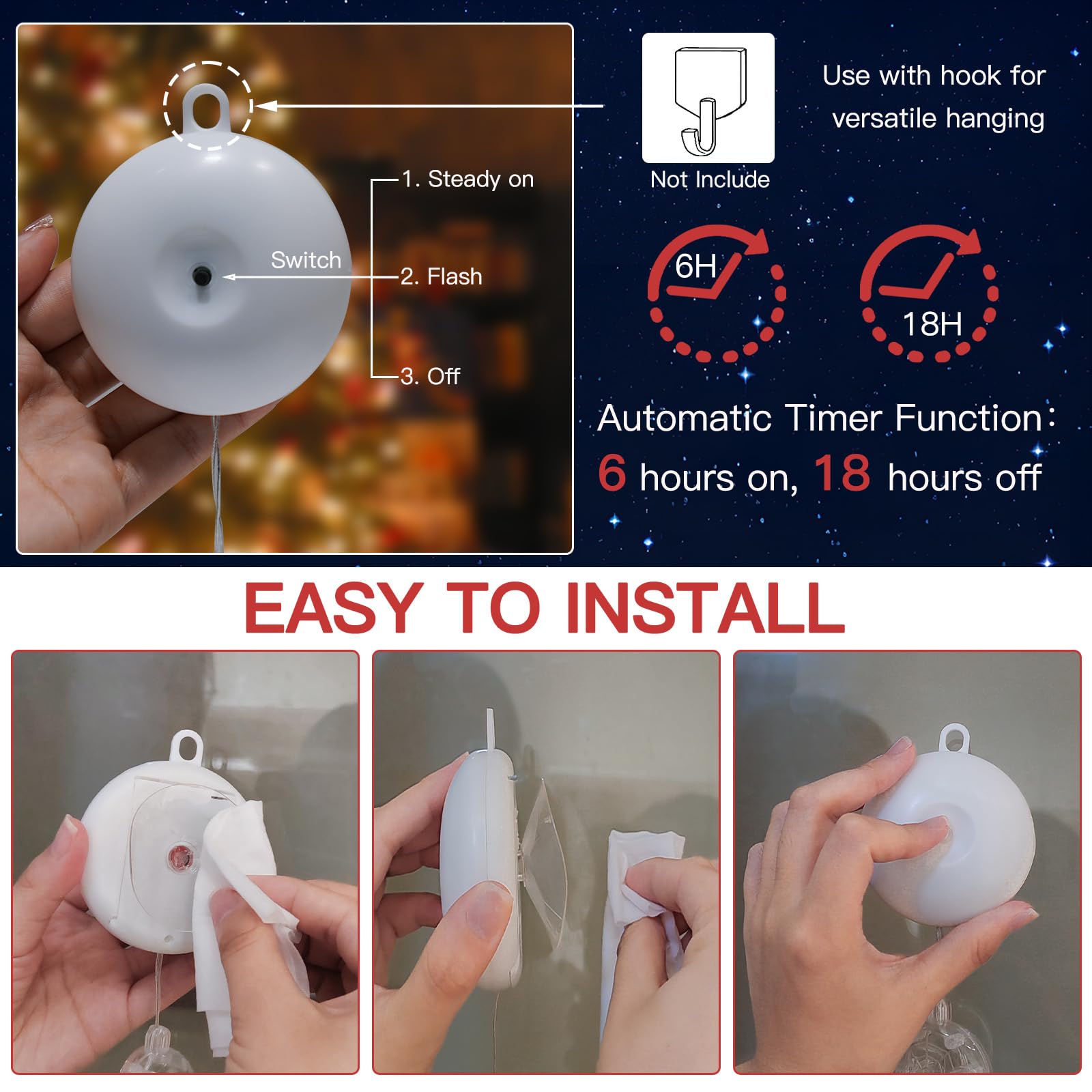 Suddus Christmas Window Lights Decorations, 3Pcs Tree-Jingle Bell-Deer Shaped Xmas Lights Battery Powered With Suction Cups & Timer, Hanging String Lights Indoor For Tree, Fireplace, Multicolor
