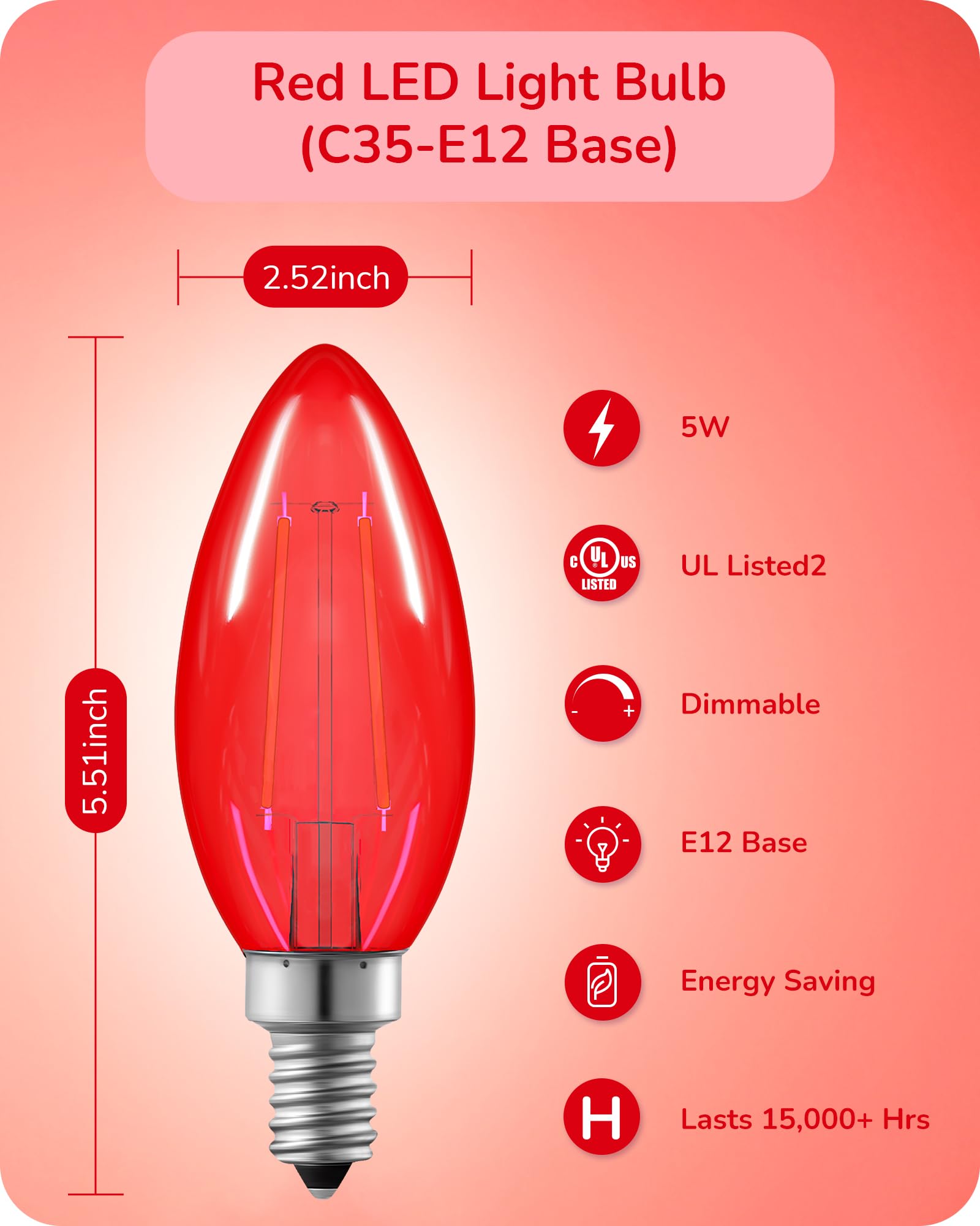 EDISHINE C35 Red Dimmable LED Light Bulbs, 5W Equivalent, Clear Glass, E12 Socket, 6 Pack, UL Listed