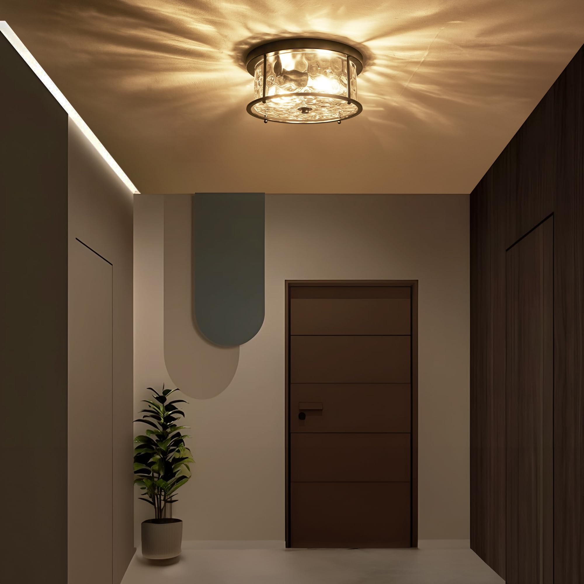 Lamqee Flush Mount Ceiling Light With Clear Hammered Glass, Industrial 2-Lights Farmhouse Close To Ceiling Light Fixtures Round