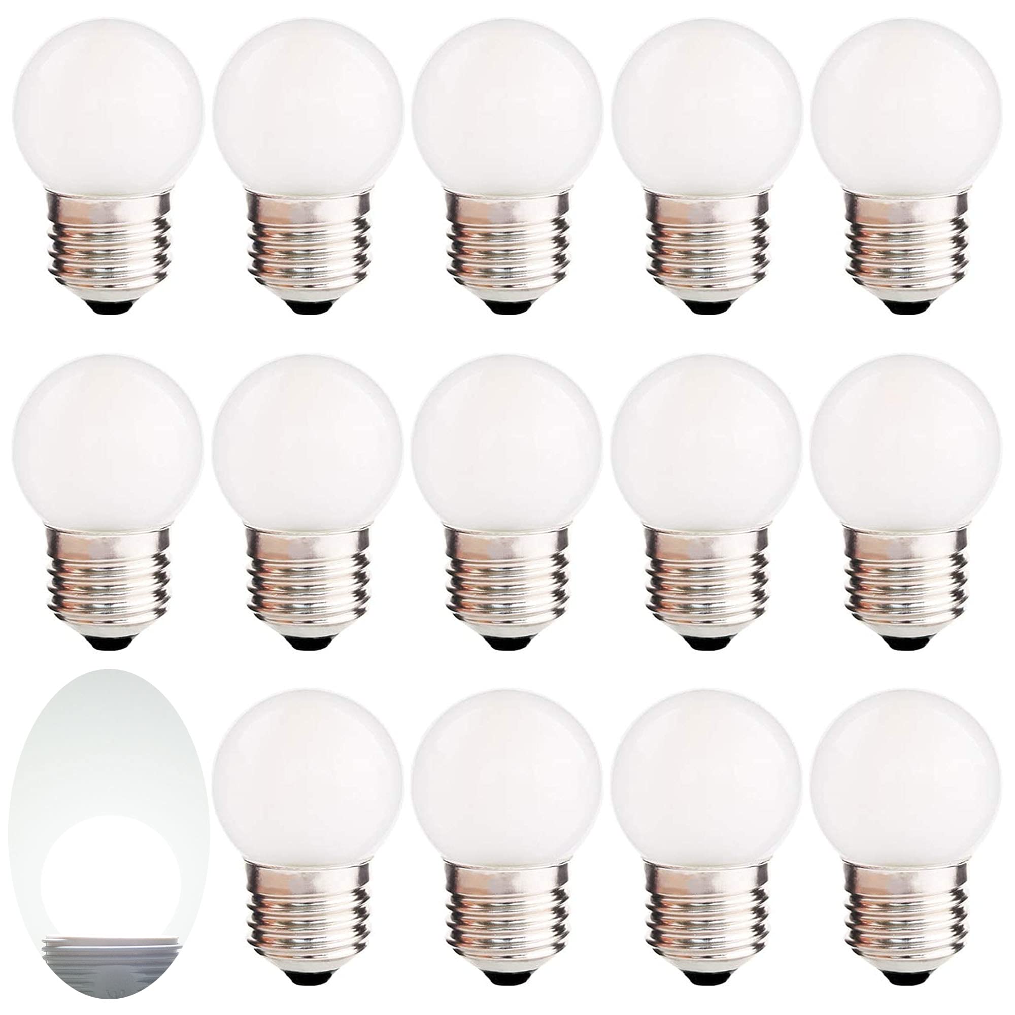 G40 Low Wattage Led Bulb 1.5W Equivalent 15 Watt Light Bulbs Standard Base,Non-dimmable, Small LED Globe Light Bulbs for Ceiling Fan and Vanity Mirror pack of 15 (Frosted, 1.5W=15W White 6000K)