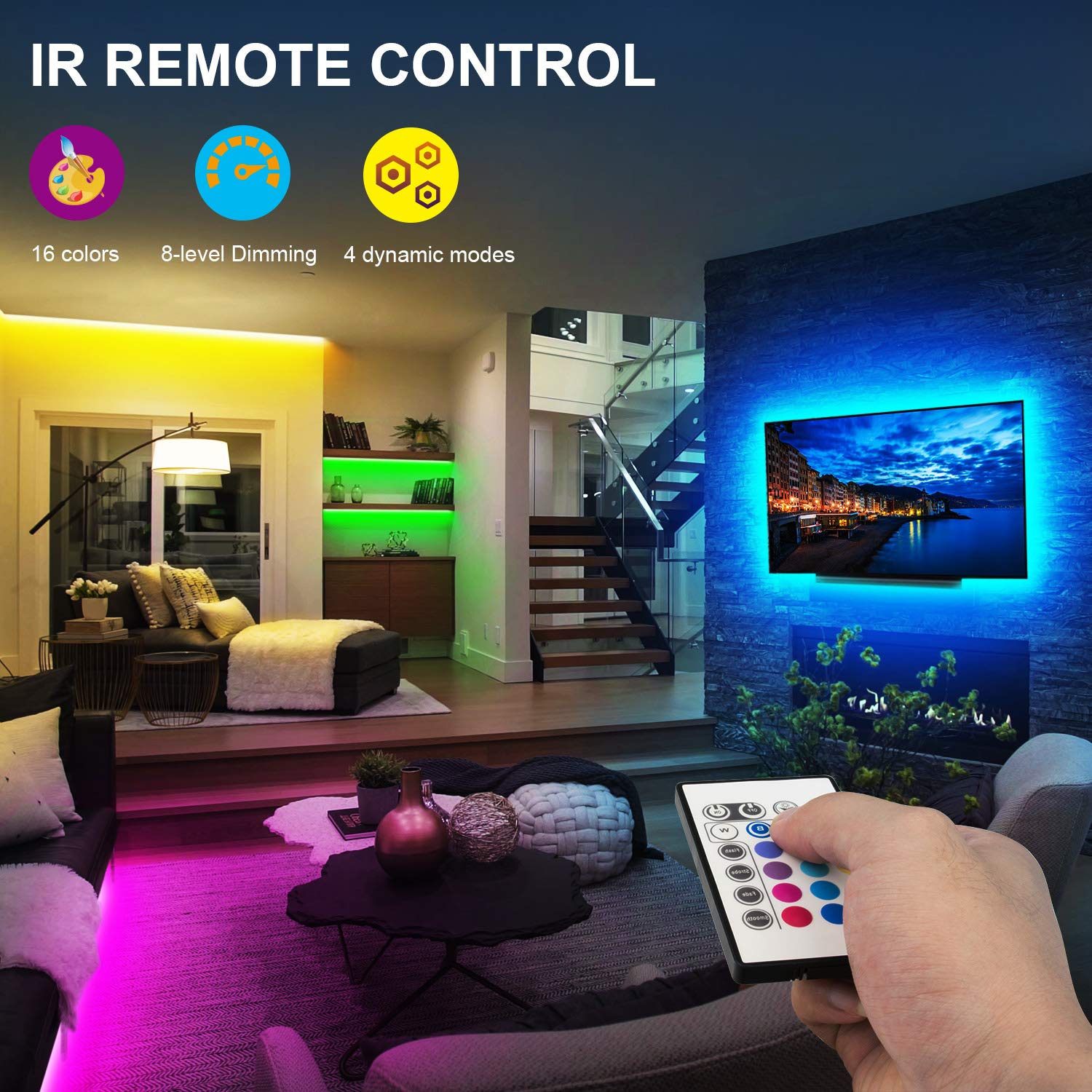 maylit LED Backlight Strip Lights Kit, 14.3FT for 65-75in TV, Multicolor, USB Powered with Remote, Model R5-YMA8-74UA