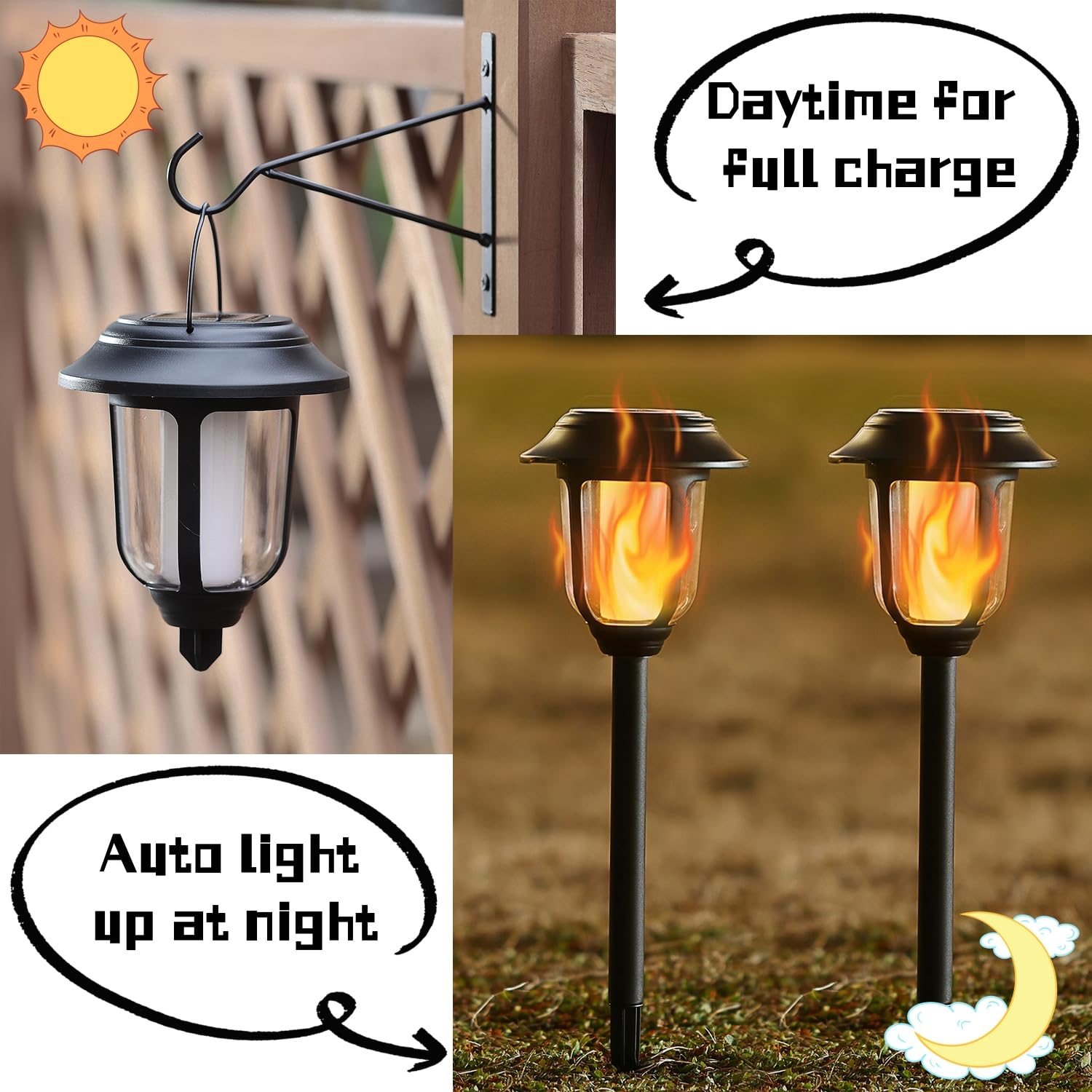 Dynaming Dual Use Solar Flame Lights Outdoor 6 Pack, Solar Flickering Flame Pathway Lights, Hanging Lantern Lights, Auto On/Off & Waterproof For Garden Lawn Patio Yard Walkway Deck Driveway