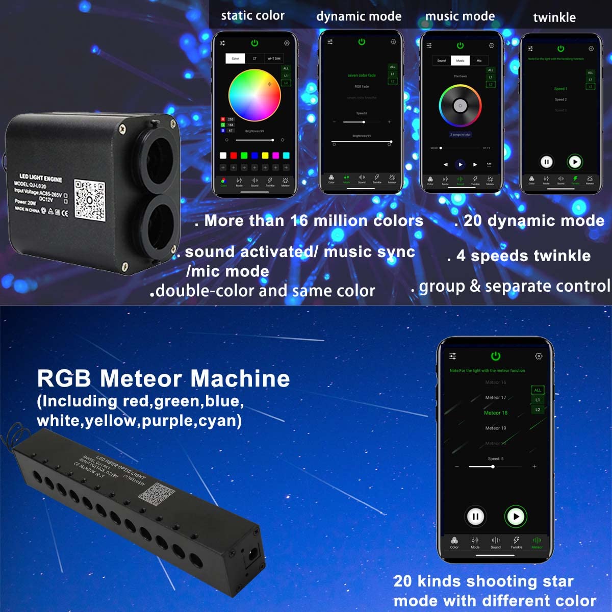 AZIMOM Dual Color Fiber Optic Starlight Headliner Kit, 600pcs, 0.03in, 9.8ft, RGB, Sound Activated, Black, Model DUAL