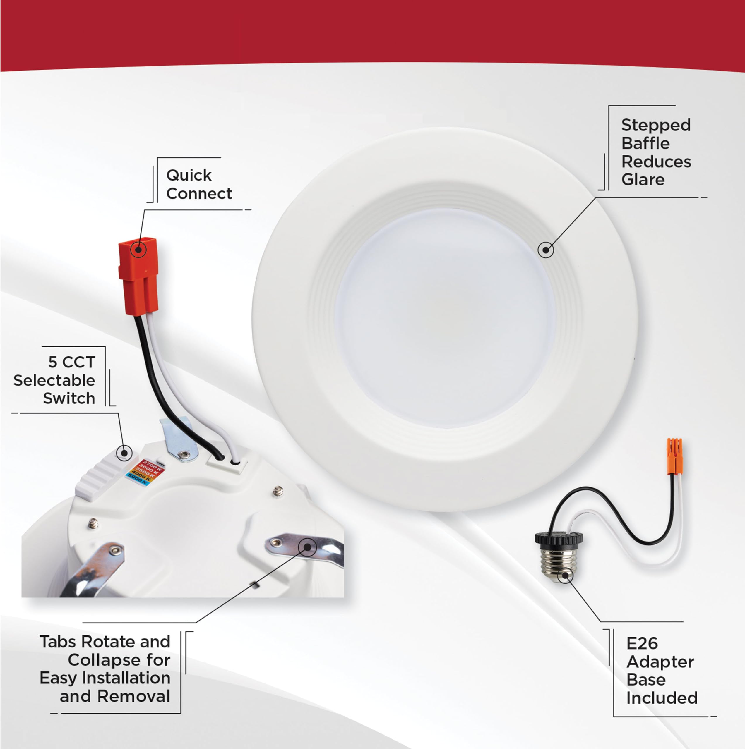Satco Led Retrofit Downlight With Stepped Baffle, Cct Selectable 2700K/3000K/3500K/4000K/5000K, 4 Inch Round, White