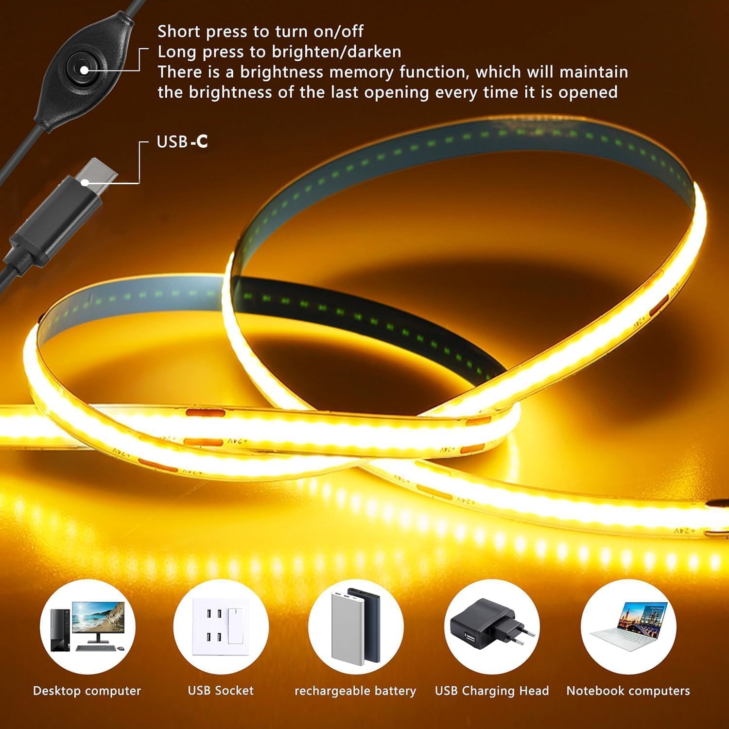 CUBITOR 1M Dimmable COB LED USB Type-C Strip Light, Pure White 6000K, Remote Control, for Monitor TV Backlight & DIY Lighting