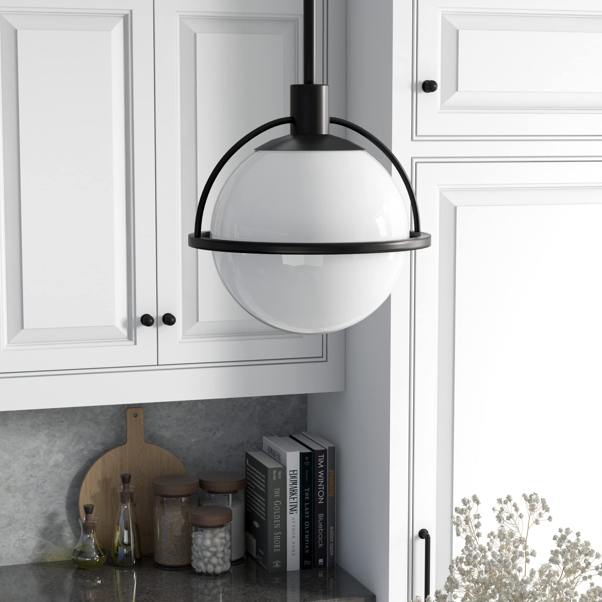 Cieonna 9.38 Wide Pendant with Glass Shade in Blackened Bronze/White Milk