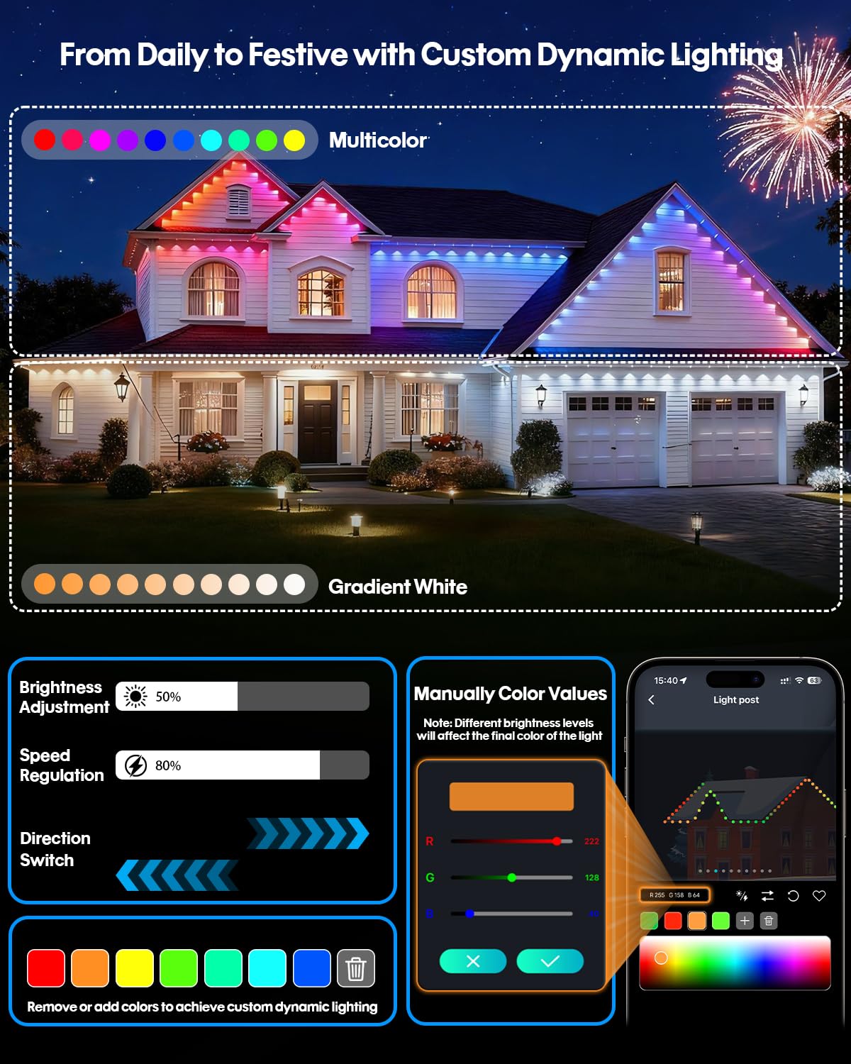Super Rgb Smart Permanent Outdoor Lights  50Ft 30Leds Color Changing Rgb Ic Wall Lights  App & Remote Control  Music Sync  Dynamic Lighting For House  Living Room  Ceiling  Eave Party Xmas Decoration