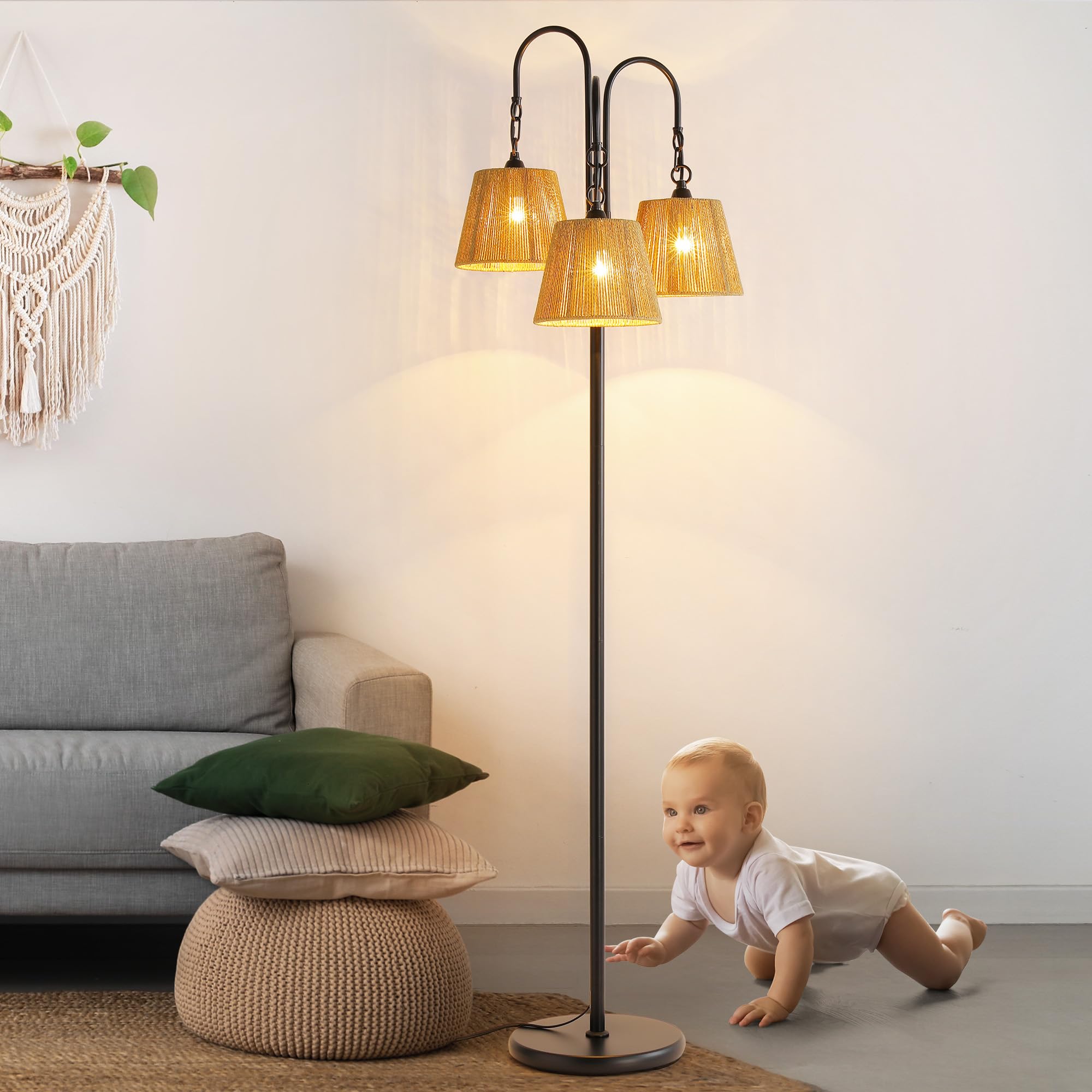 ZenGlimmer Rattan Floor Lamp - 68in Bohemian-Black, 3-Light Tree Lamp with Natural Shade, E26 Socket, Footswitch for Living Room or Bedroom