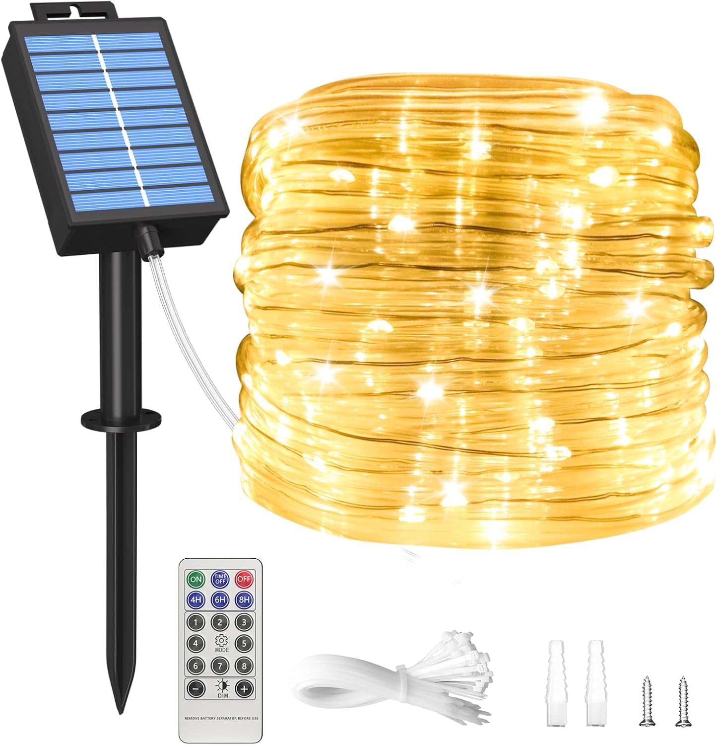 Icrgb Solar Rope Lights Outdoor  39Ft 100 Led Solar Rope Lights Ip67 Waterproof  8 Modes  Outdoor Patio Porch Tree Wedding Christmas Pool Garden Decorative -Warm White