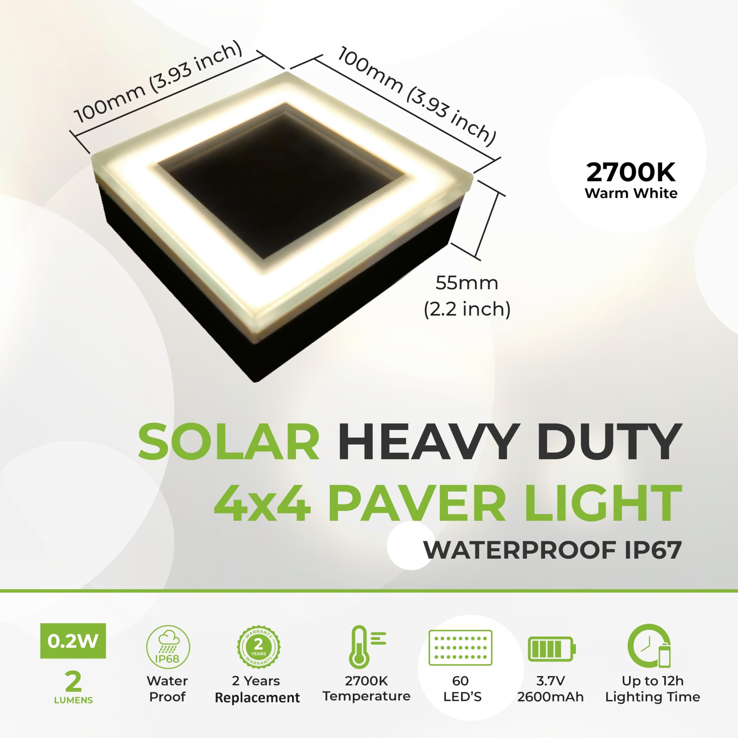 LUMENGY Solar Paver Light, 4x4 Inch, Stainless Steel, 2700K Warm White, Waterproof, Model LMA-PVR-4X4-SLR-V2