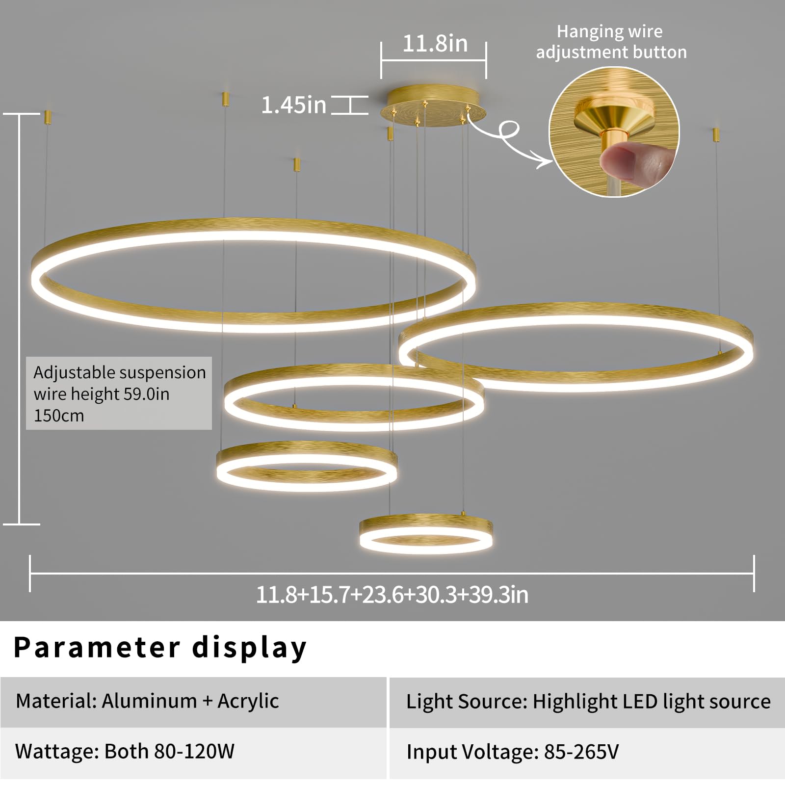 Matven Modern Ceiling Chandelier Light, Remote Control, Dimmable, 3 Color Modes, Acrylic, 11.8-39.3in, Gold, Model KD-YX