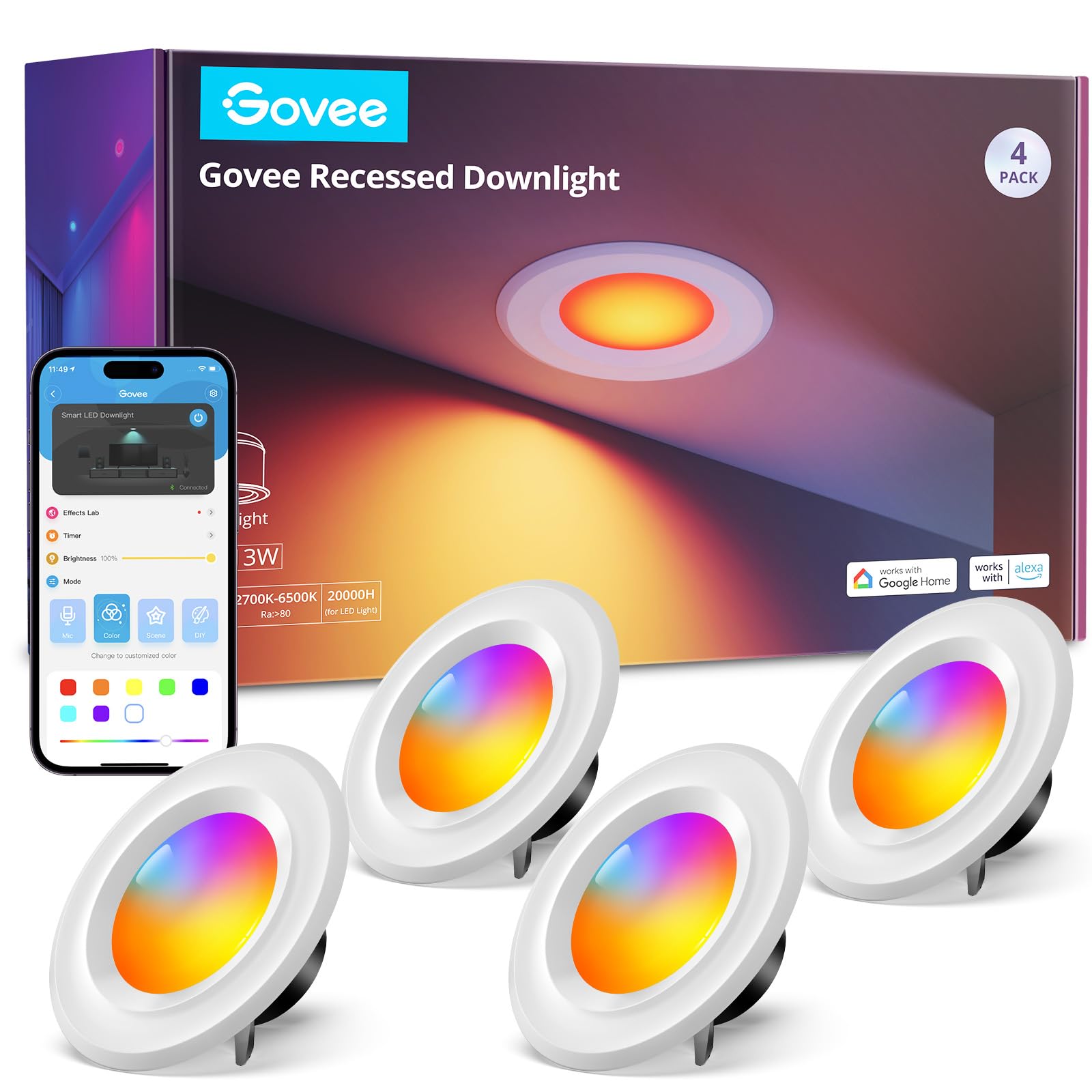 Govee Smart Retrofit Recessed Lighting 6 Inch, Wi-Fi Bluetooth Direct Connect Rgbww Retrofit Can Lights, 65 Scene Modes, Works With Alexa & Google Assistant, 1000 Lumens, 4 Pack