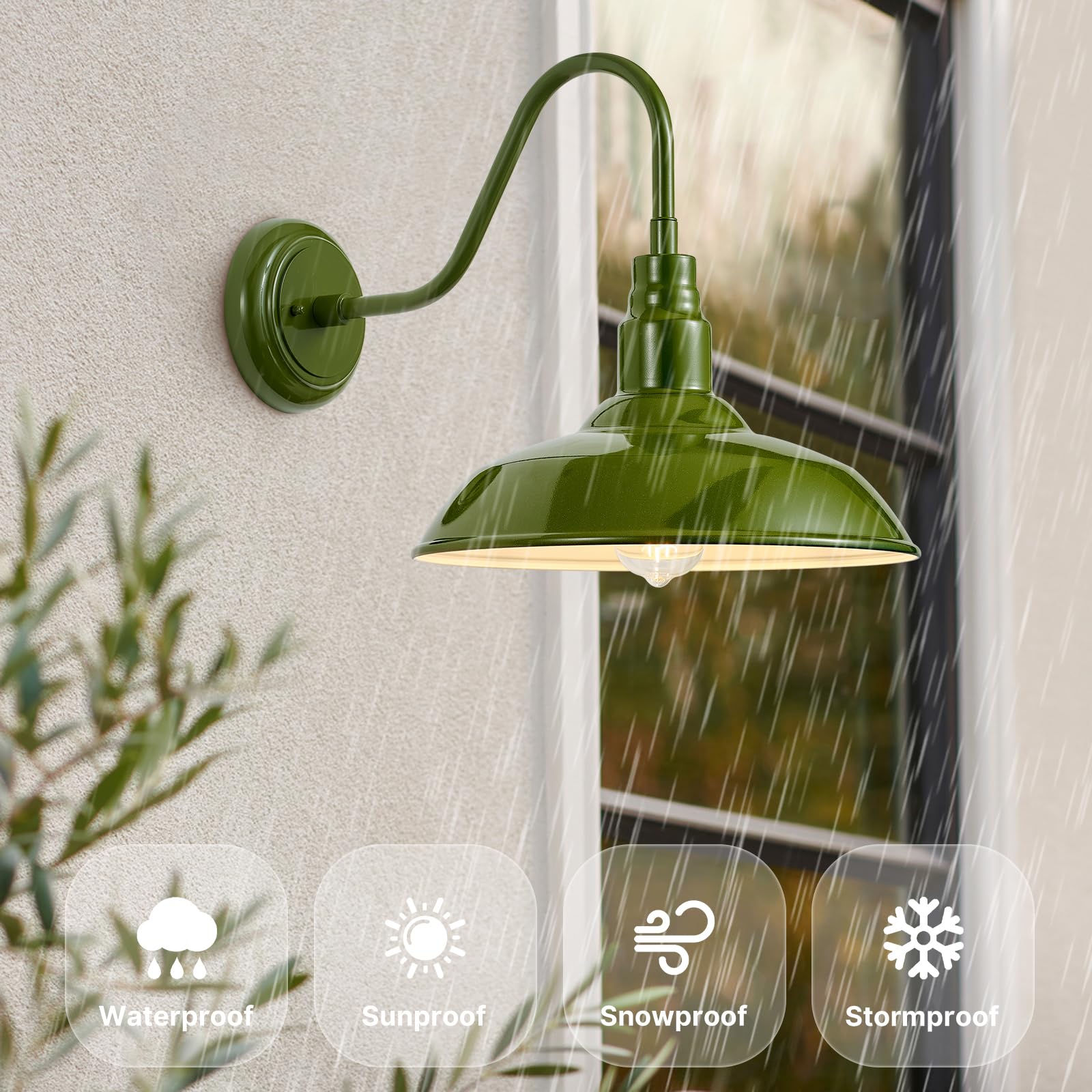 GOALPLUS Gooseneck Wall Light Fixture, 14in Dome, Olive Green, Metal, Model LM2202-AG, Outdoor Barn Style Sconce for Porch, Garage, House
