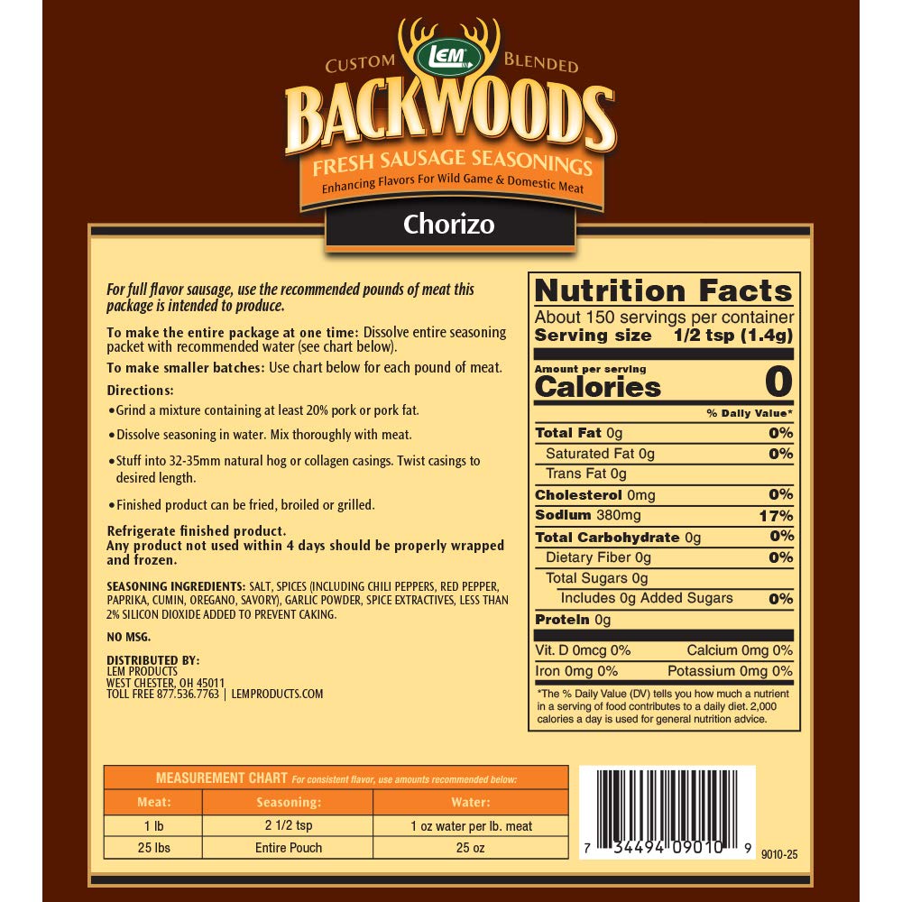 Lem Products Backwoods Chorizo Fresh Sausage Seasoning, Ideal For Wild Game And Domestic Meat, Seasons Up To 25 Pounds Of Meat,