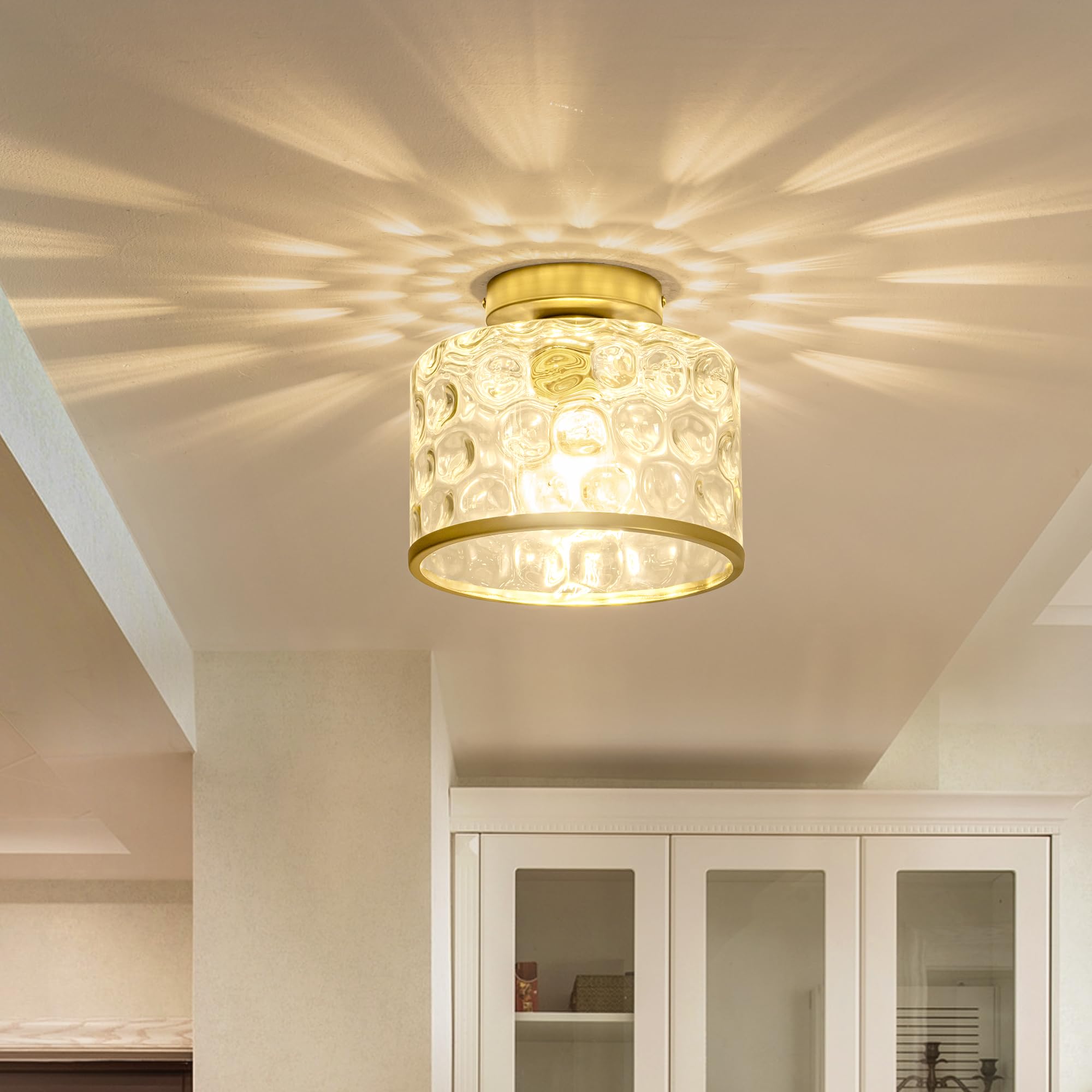Zlepmlla Gold Flush Mount Ceiling Light with Clear Hammered Glass Shade, Satin Brass Finish, Model 9109-1X-GD, Bulb Not Included
