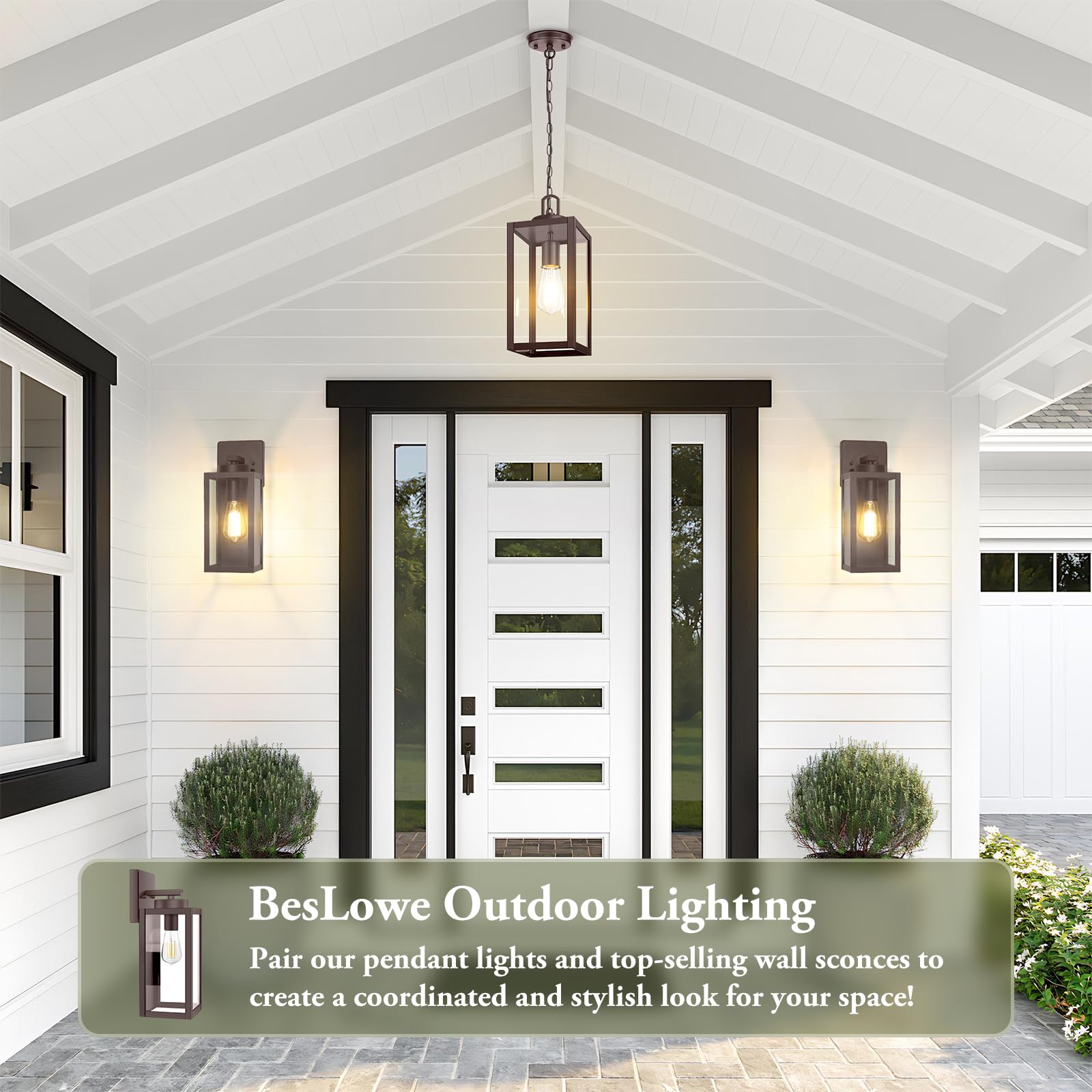 BesLowe 1-Pack 13” Outdoor Pendant Light, Brown Metal Hanging Lantern, Adjustable Chain, Modern Chandelier for Porch and Gazebo
