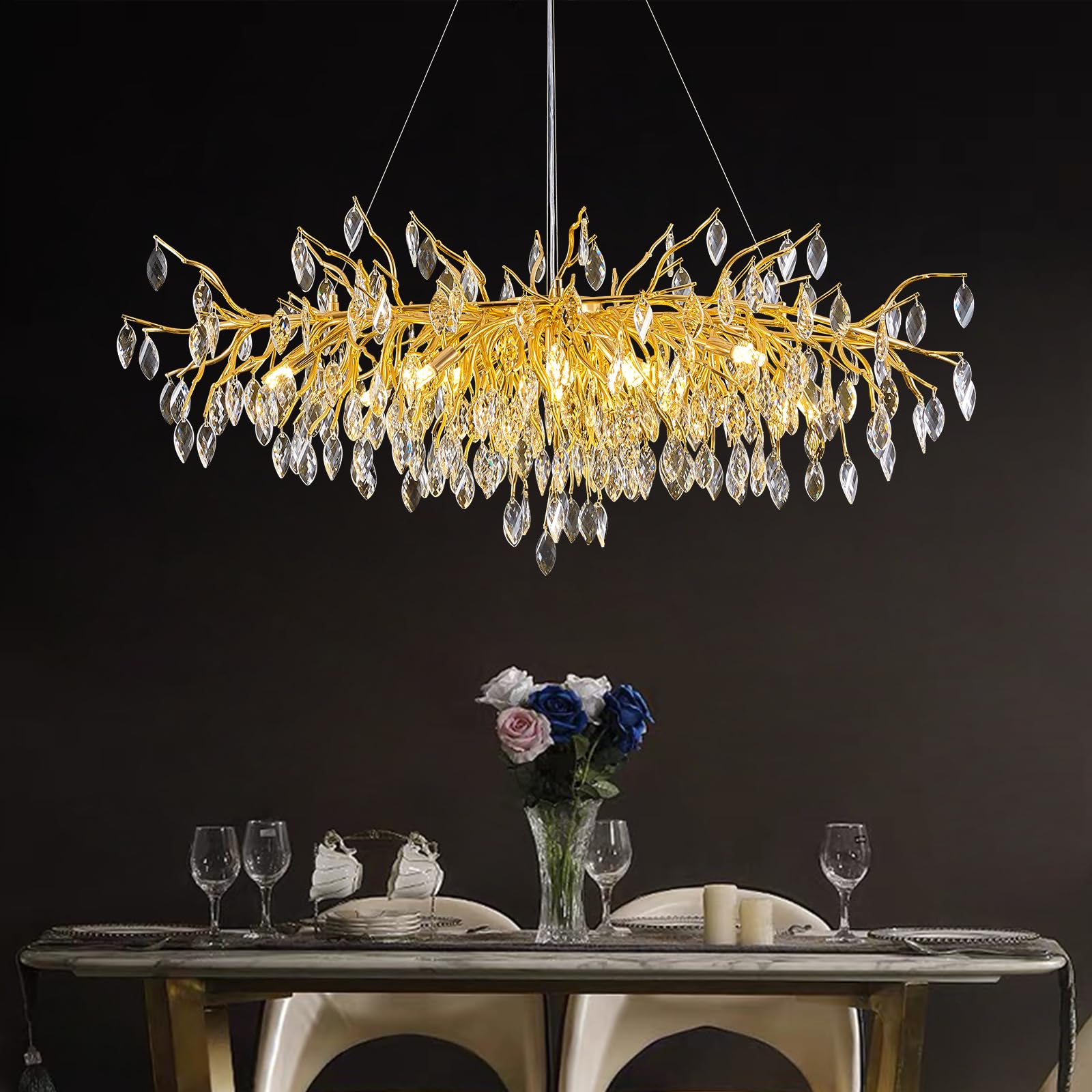 SJIGUANGZ Crystal Chandeliers for Dining Room  L47.2 Gold Tree Branch Rectangular Chandelier  Dining Room Light Fixture 13-Light High Ceiling Lights  Modern Chandeliers for Foyer  Living Room