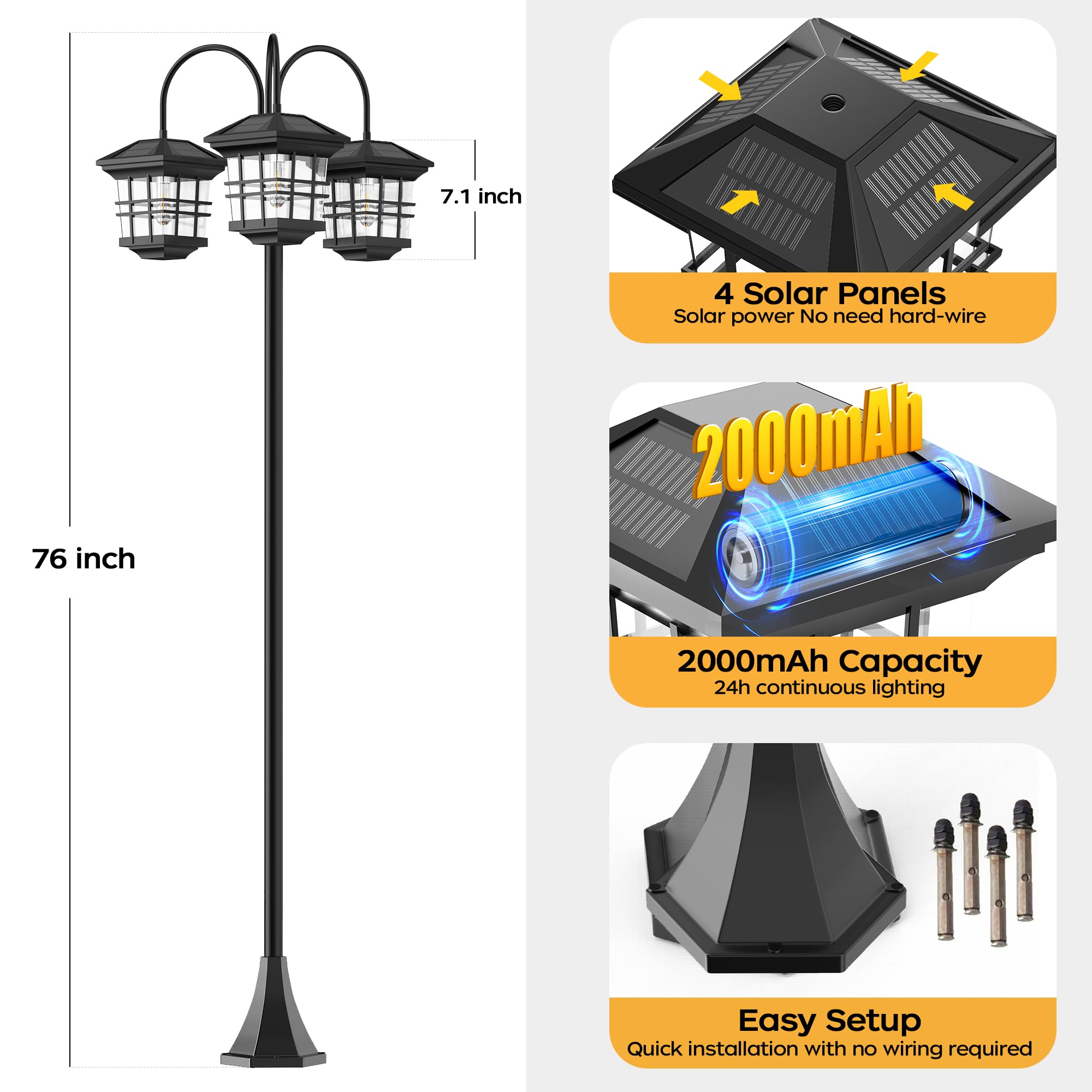 PARTPHONER 76in Classic Black Solar Lamp Post - 3-Head Waterproof Outdoor Street Light, LED Bulbs Included, Model PAPO033AB1