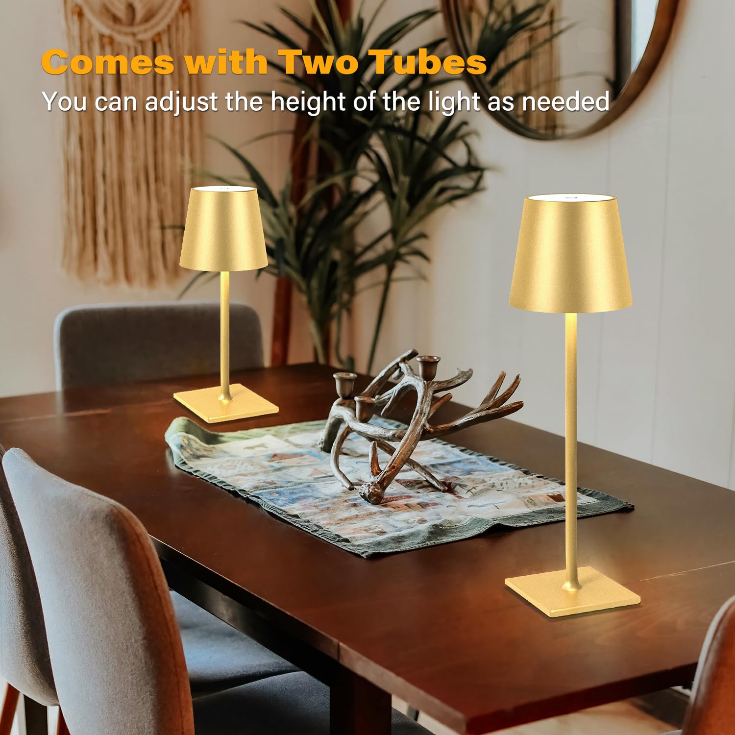 CHLORANTHUS Cordless Table Lamps, 2 Pack, 5000mAh Rechargeable, Gold, Stepless Dimming for Bedroom, Dining Room, Cafe